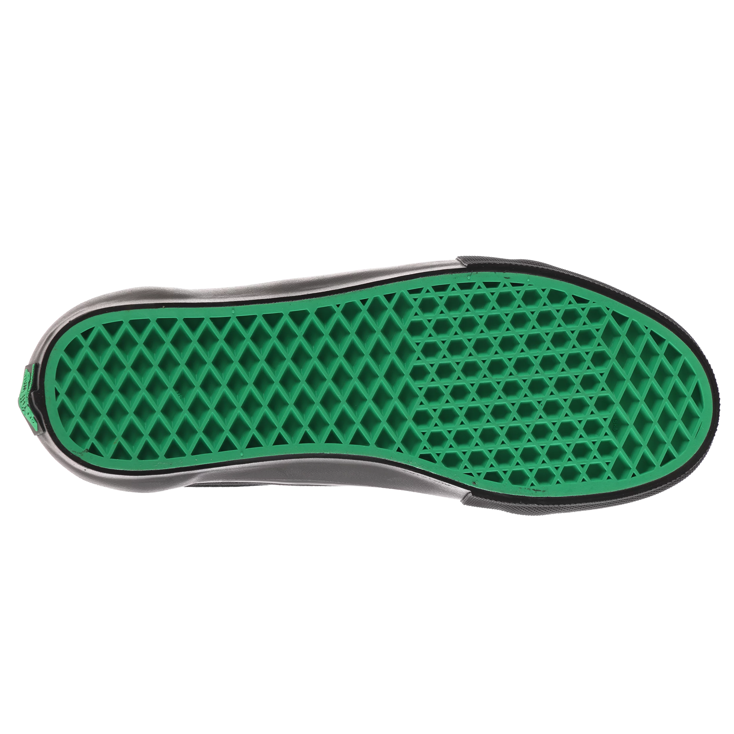 Bottom view of the green Vans waffle outsole on the black Skate Old Skool skate shoe.