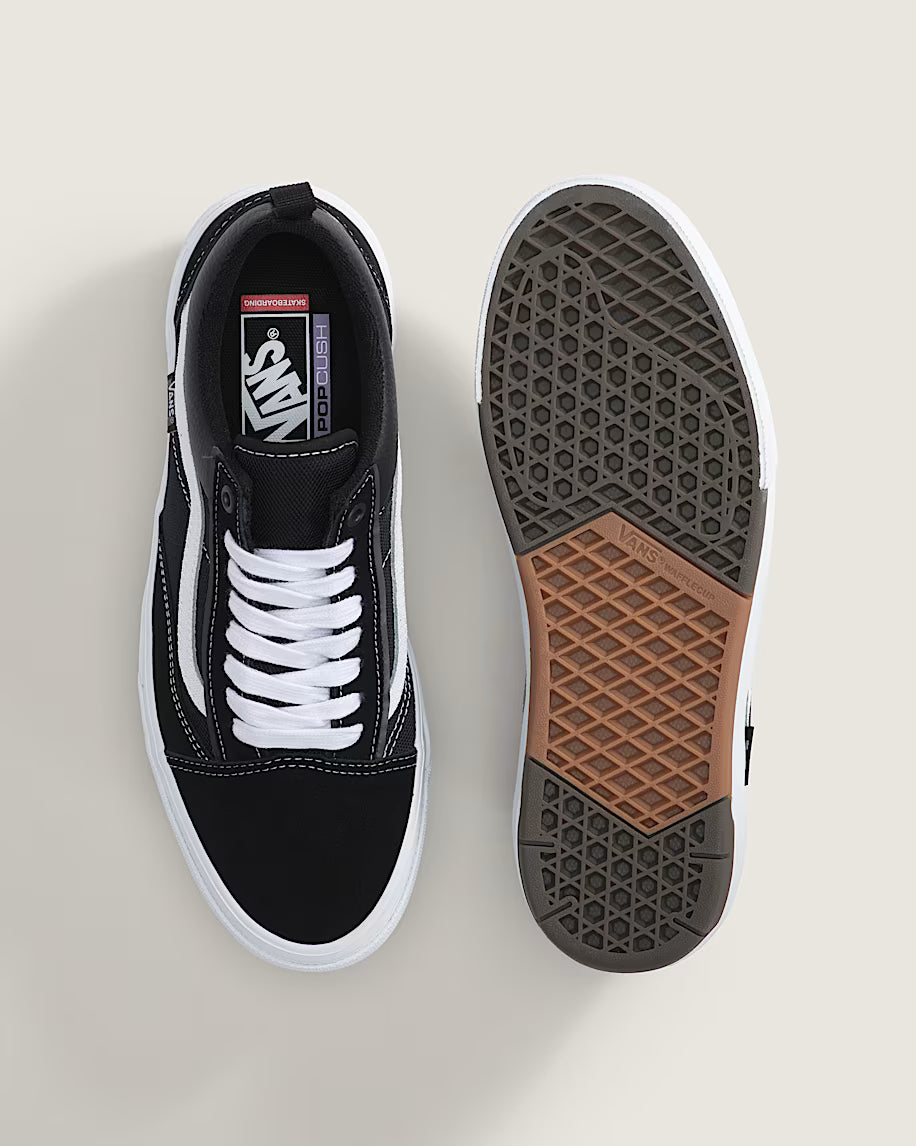 Top and outsole view of the Vans Skate Old Skool Wafflecup showing white laces, PopCush footbed and hybrid waffle tread.