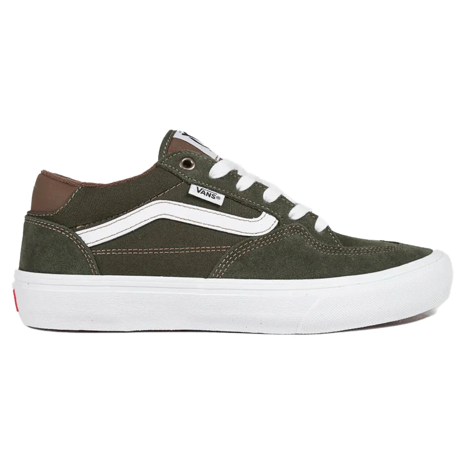 Vans Skate Rowan skate shoe in green and brown, outer side profile with suede and canvas upper, white side stripe and white vulcanized sole.