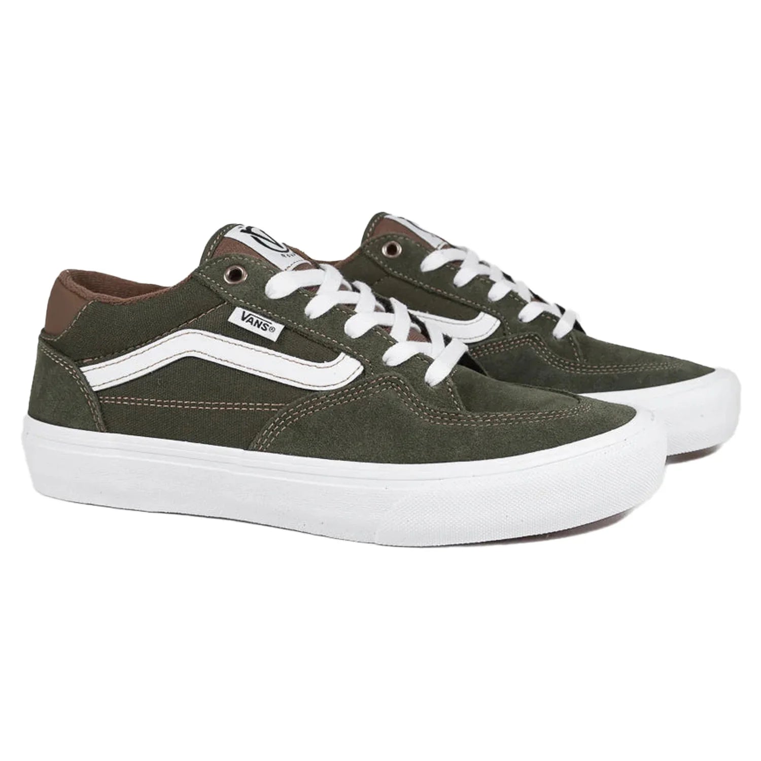 Pair of Vans Skate Rowan skate shoes in green and brown shown from a front three-quarter angle with white laces and white vulcanized soles.