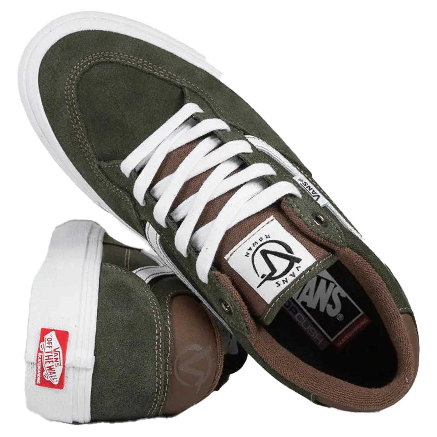 Vans Skate Rowan skate shoes in green and brown showing the top view, Rowan tongue label, PopCush insole and Off The Wall heel patch.