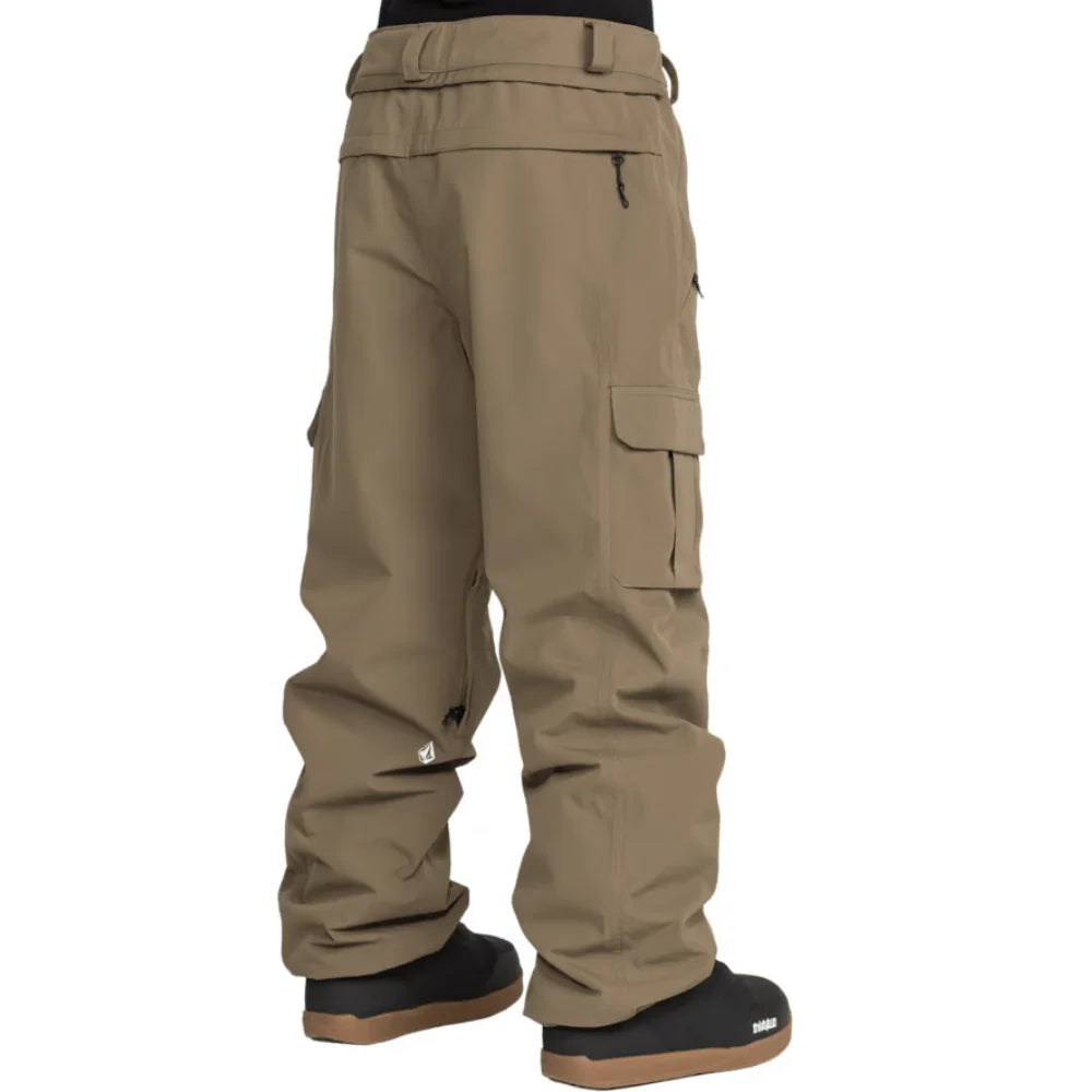 Volcom Liftline 20K Pant 2027 in Teak shown from a rear three-quarter angle with cargo pocket, rear zip pocket and relaxed snowboard fit.