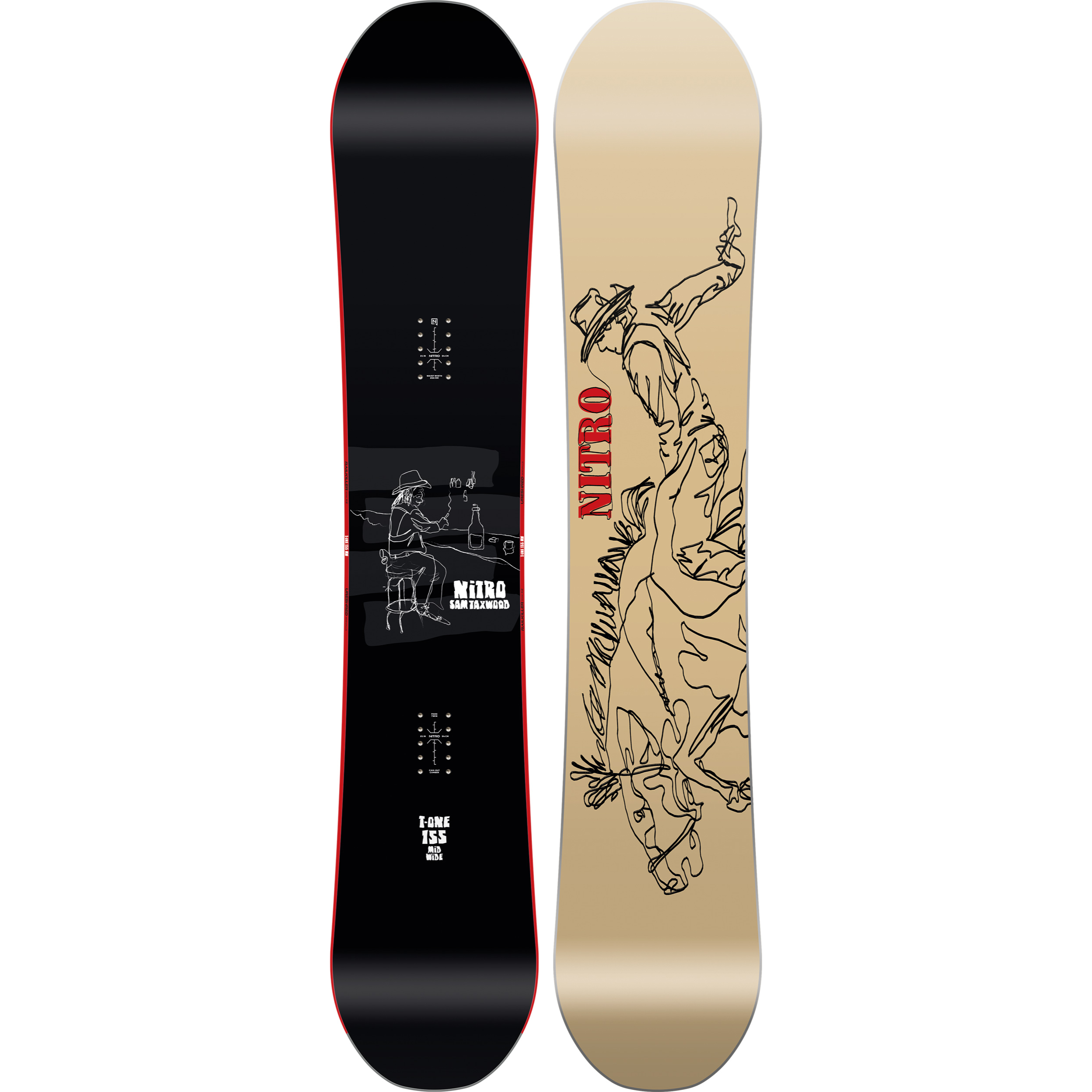 Nitro T1 Snowboard 2027, designed for snowboarding, with a sleek black and white graphic on the top surface.