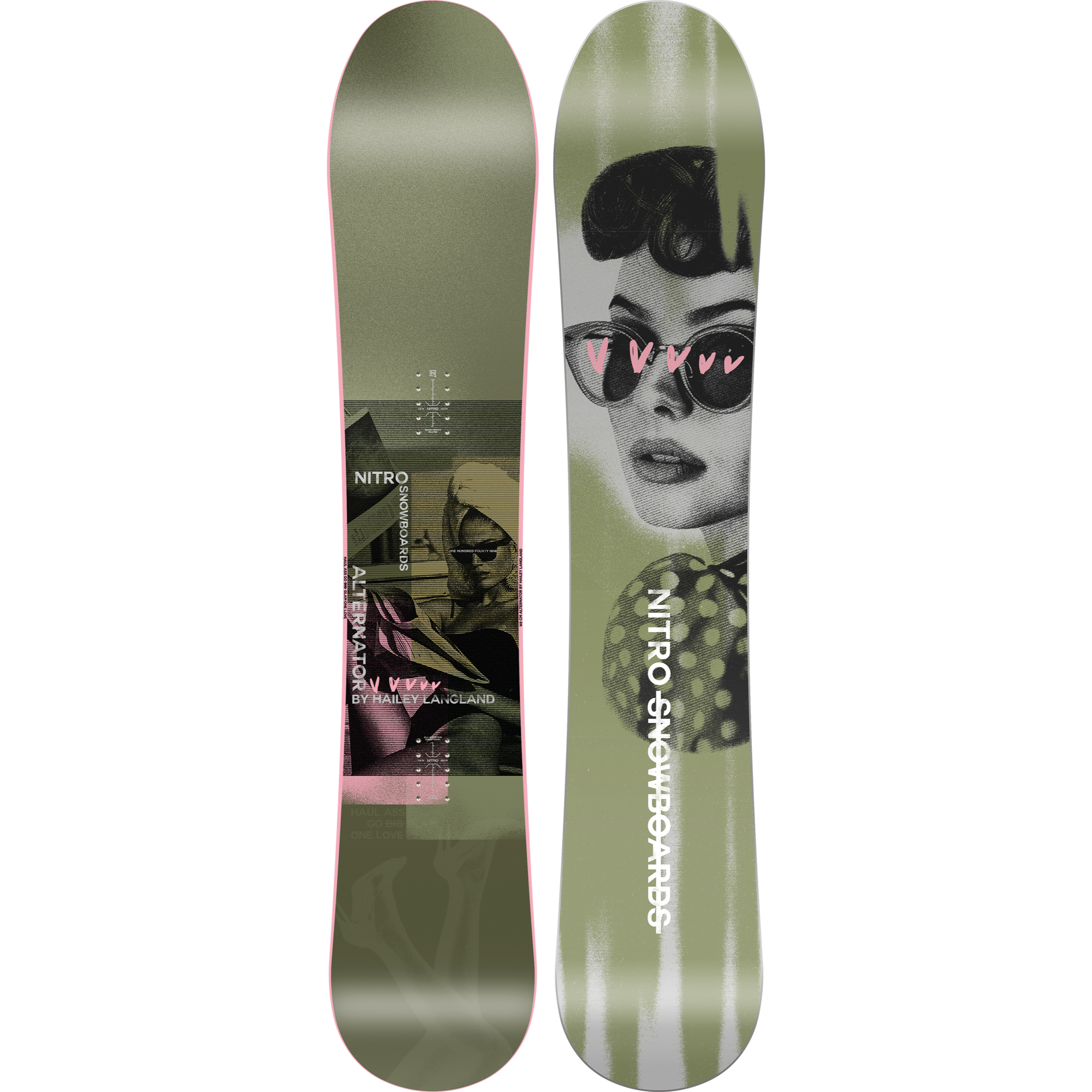 Nitro Alternator X Hailey women's snowboard on snow, featuring its design and graphics, ideal for winter snowboarding adventures.