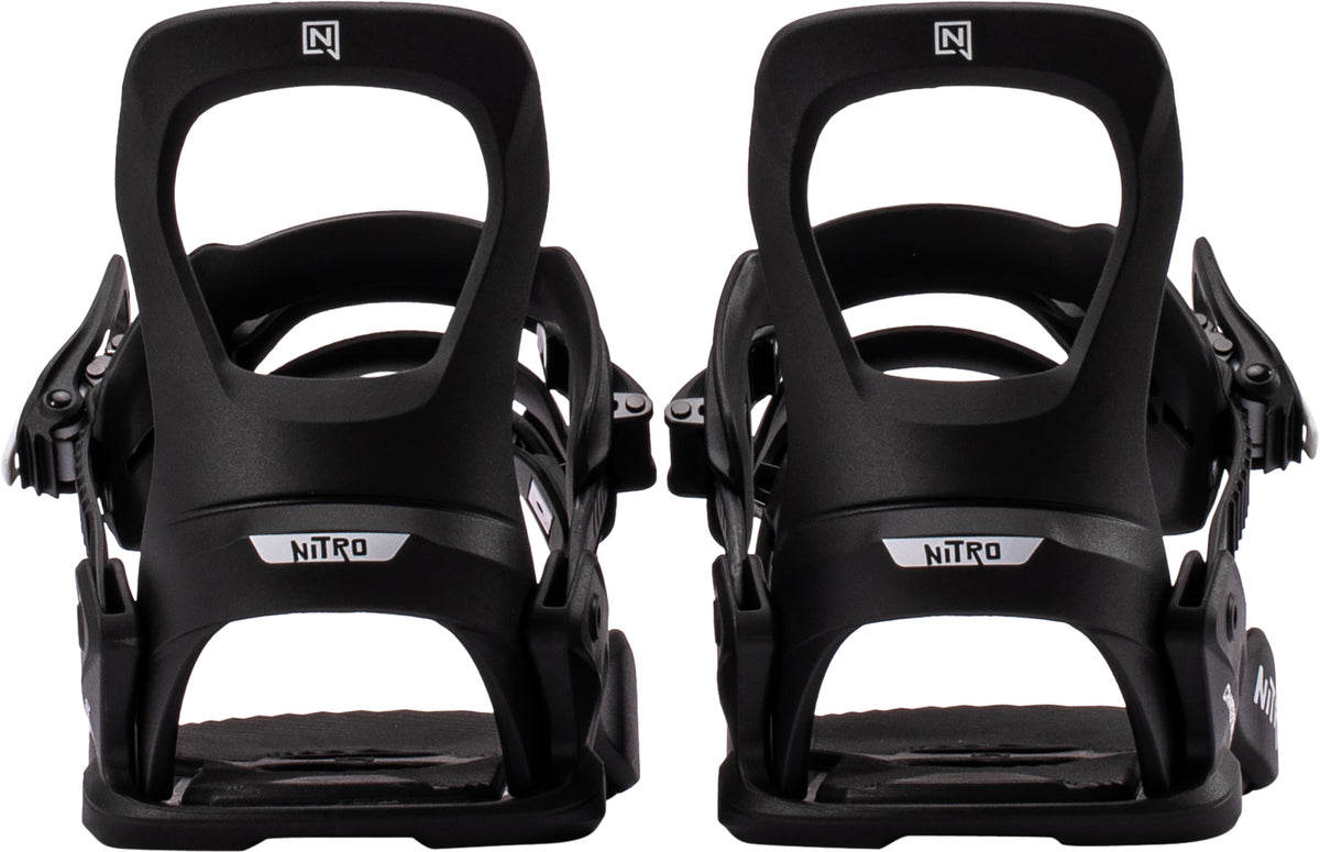 Black Nitro Charger Micro kids' snowboard bindings with highbacks, designed for snowboarding in 2027.