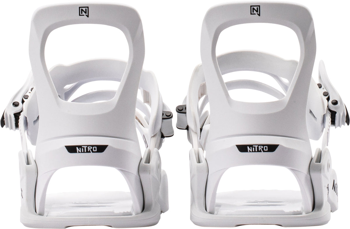 White Nitro Charger Micro kids' snowboard bindings with highbacks and adjustable straps, designed for snowboarding in 2027.