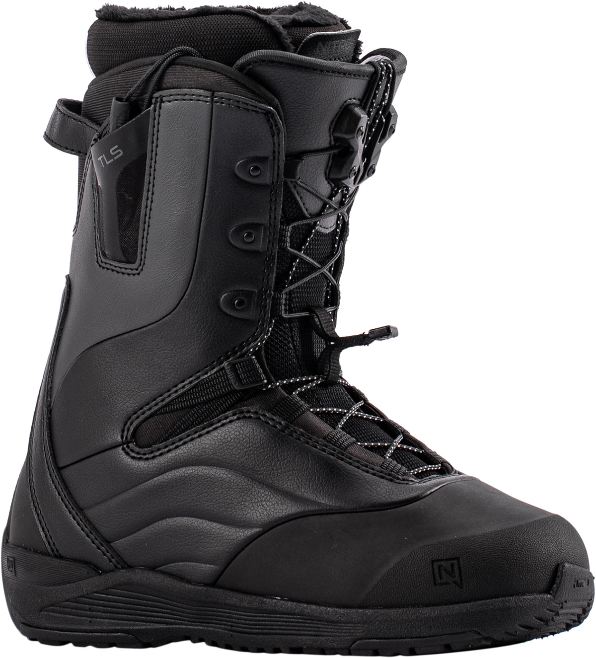 Nitro Crown TLS Women's Snowboard Boots 2027, side and front view showing black and pink design, laced closure, and padded ankle support.