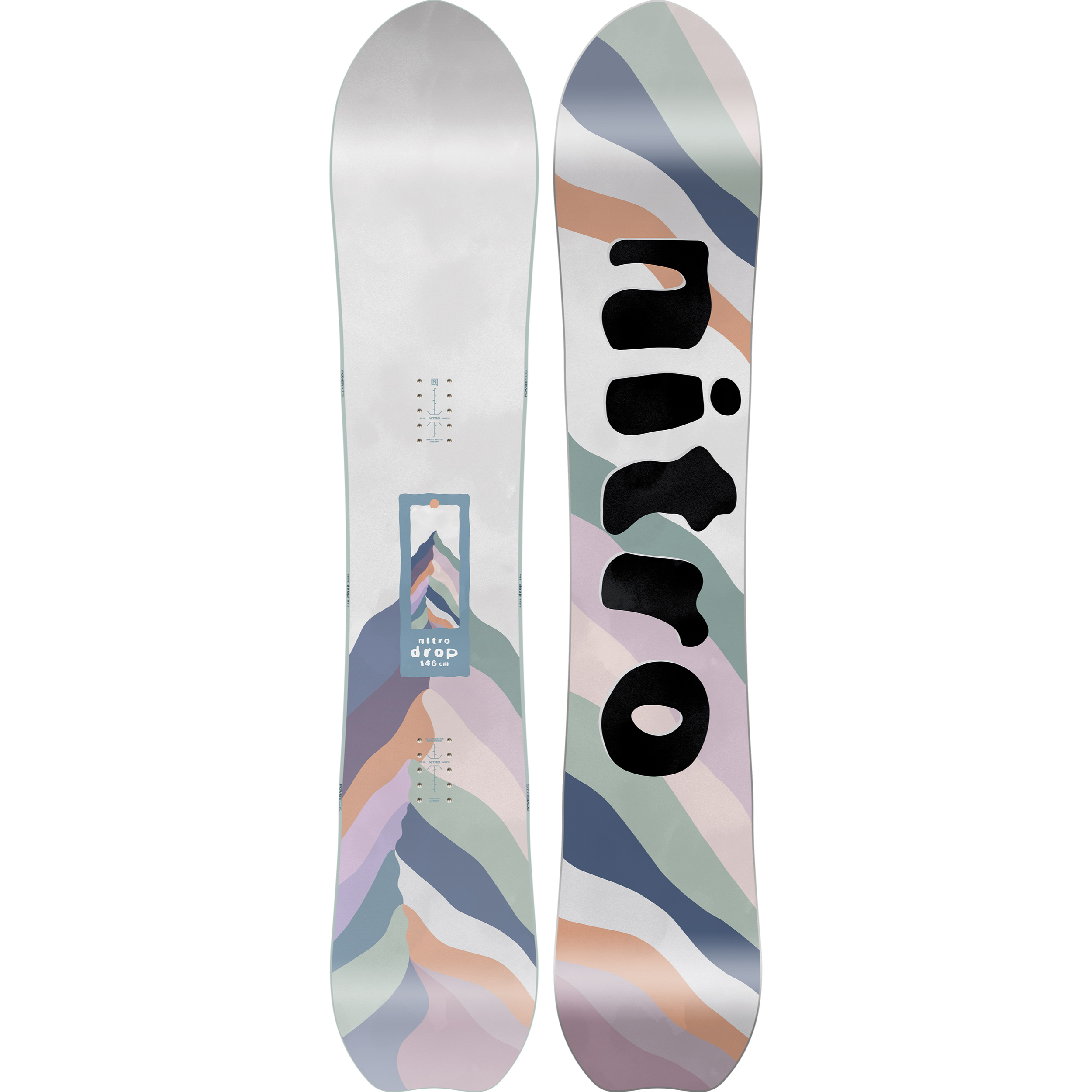 Nitro Drop women's snowboard 2027 featuring a sleek design, ready for winter snowboarding adventures on fresh powder.