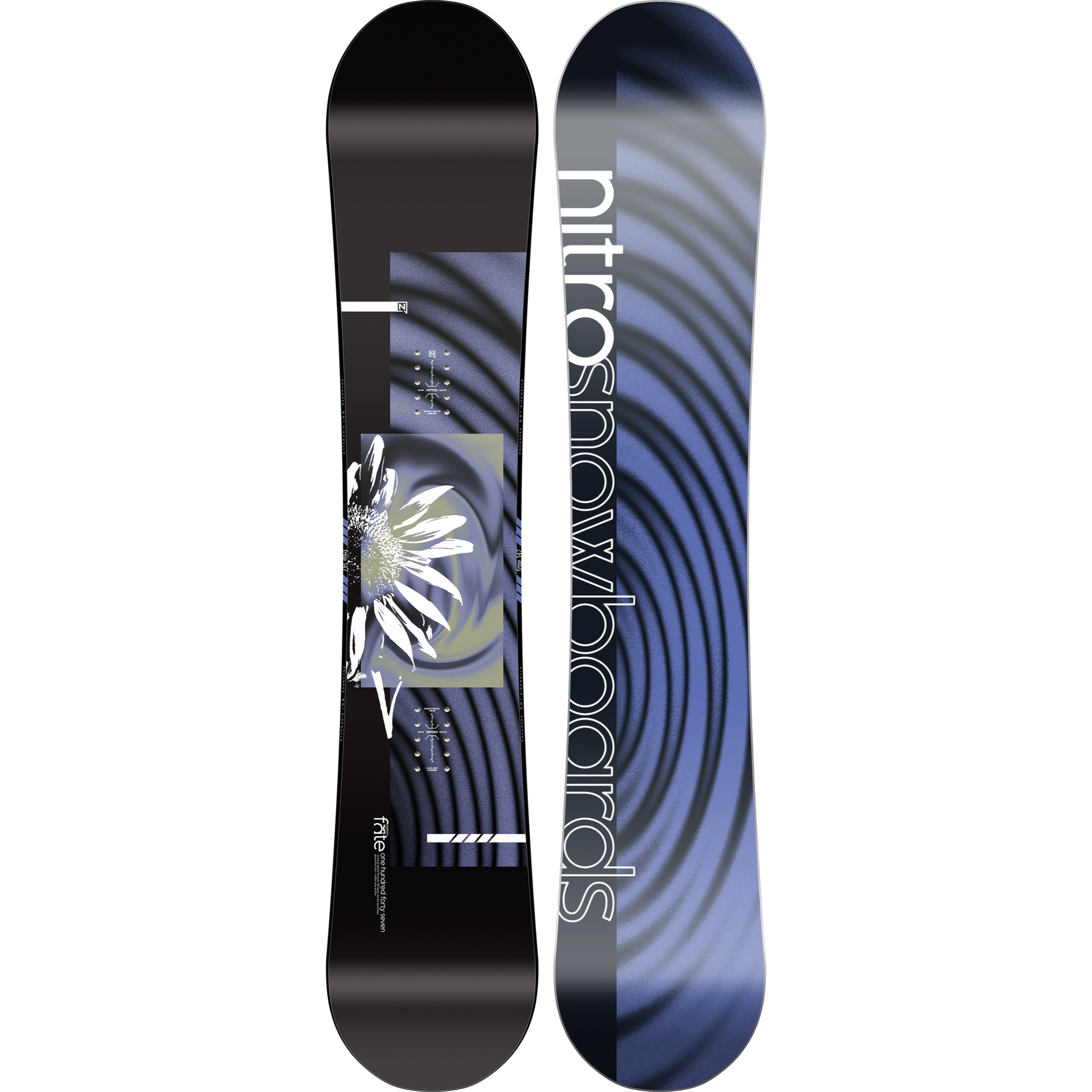 Nitro Fate women's snowboard 2027, featuring a sleek design and snowboarding graphics, ideal for all-mountain snowboarding.