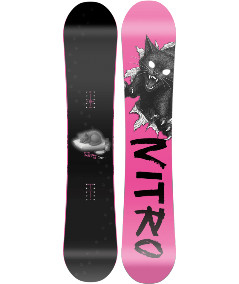 Nitro Fate Pro Women's Snowboard 2027 with a sleek design, suitable for advanced female snowboarders in snowboarding action.