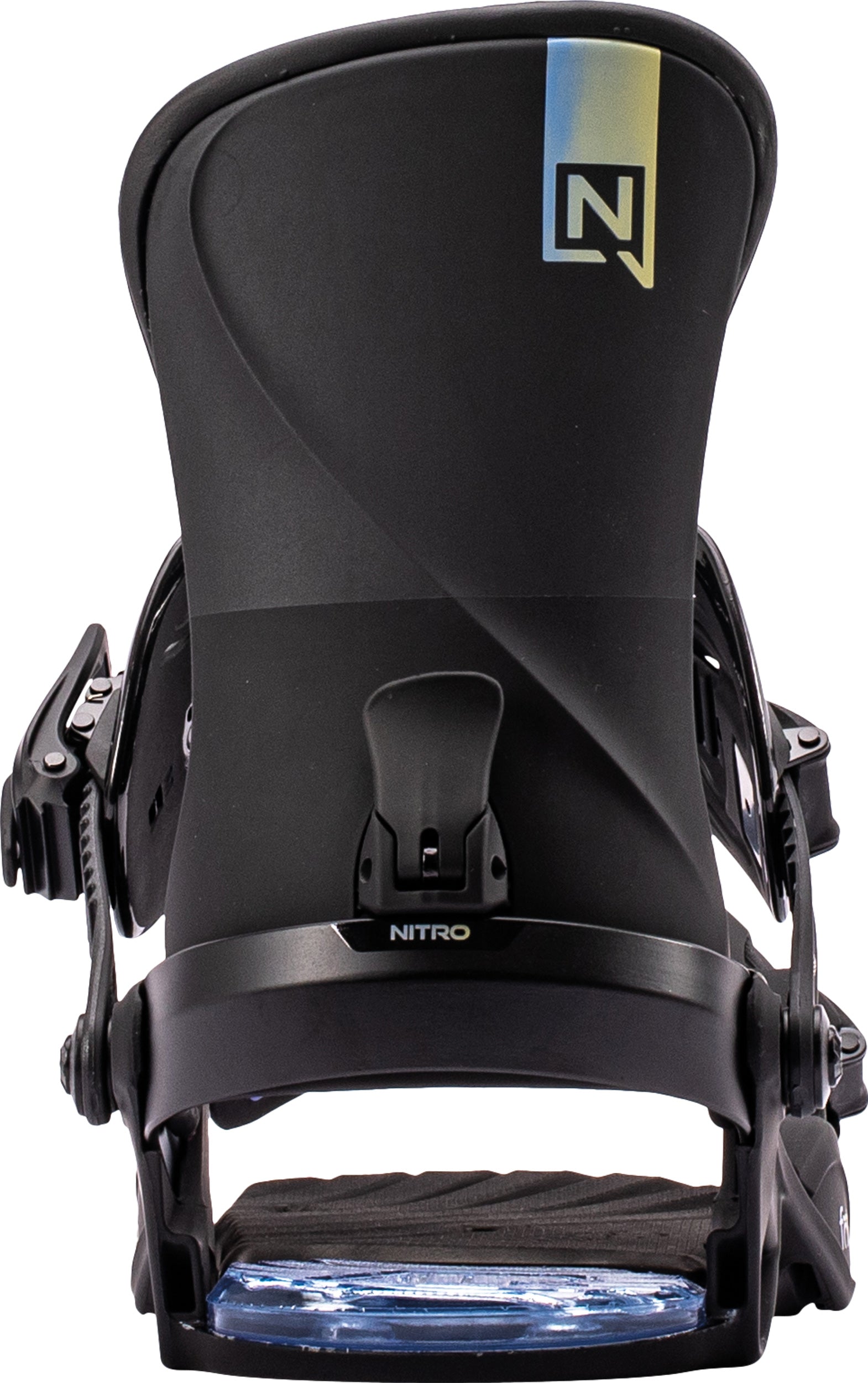 Black Nitro Fate snowboard bindings with highback and straps, designed for snowboarding in the 2027 season.