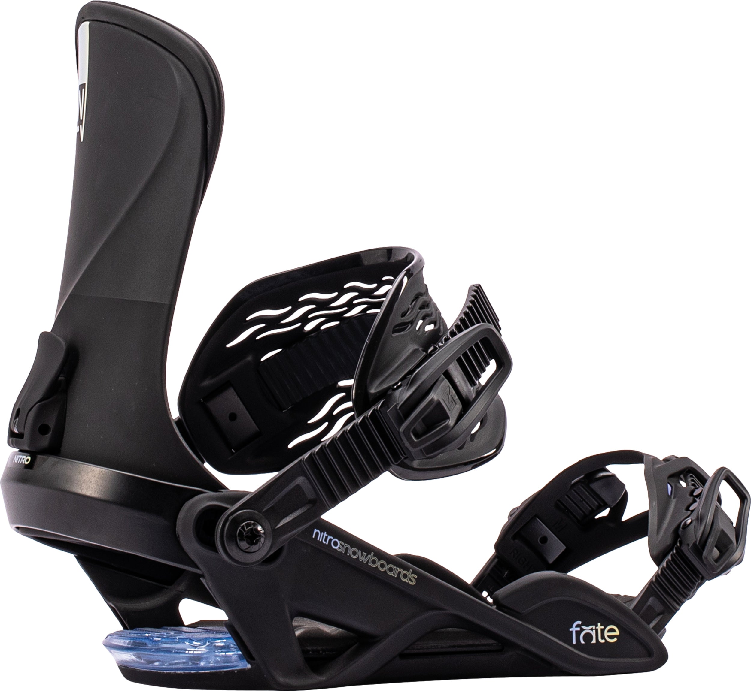 Black Nitro Fate snowboard bindings for 2027, featuring adjustable straps and high-performance design for all-mountain snowboarding.