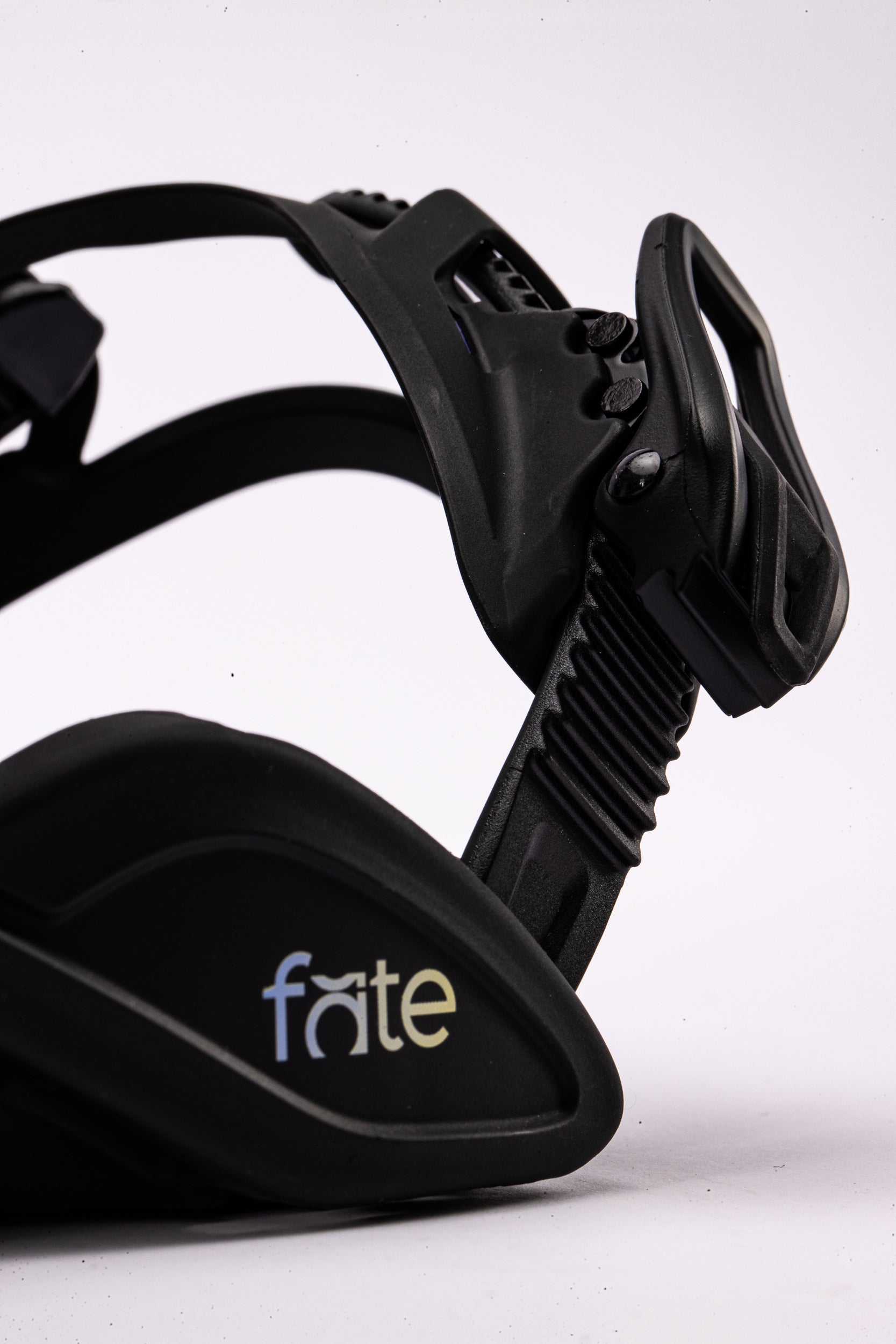 Black Nitro Fate snowboard bindings with adjustable straps and high-back support, designed for the 2027 snowboarding season.