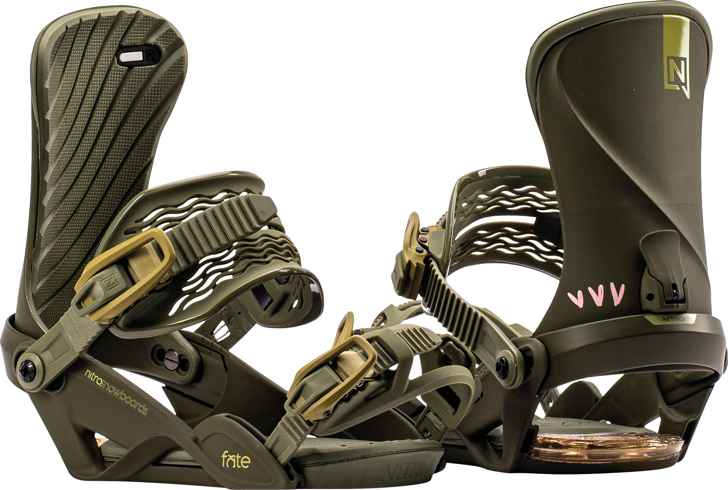 Pair of Nitro Fate snowboard bindings for women, featuring sleek black design and high-performance features for snowboarding.