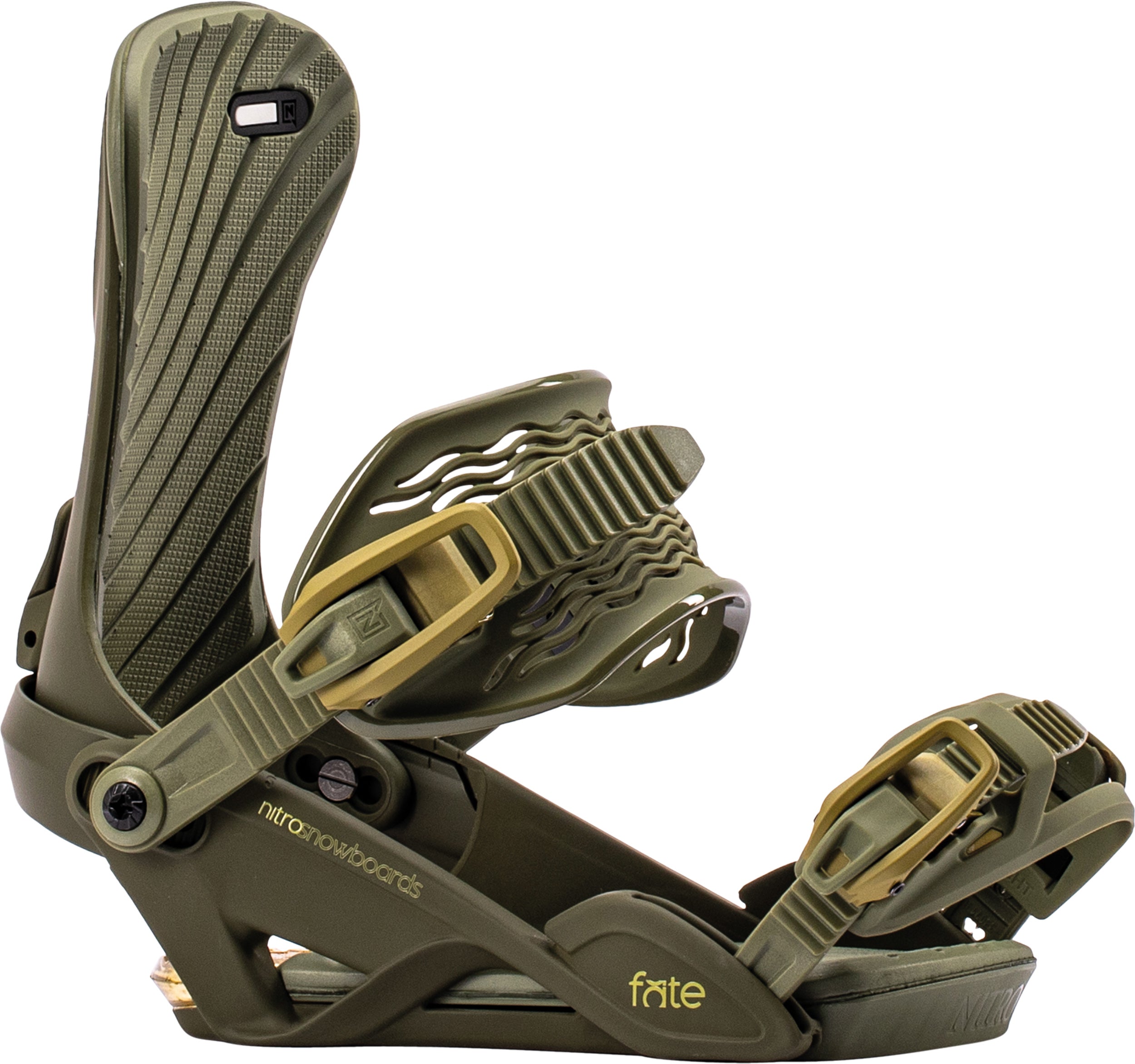 Nitro Fate snowboard bindings 2027 by Nitro, shown from the side with Hailey Langland, designed for snowboard riding.