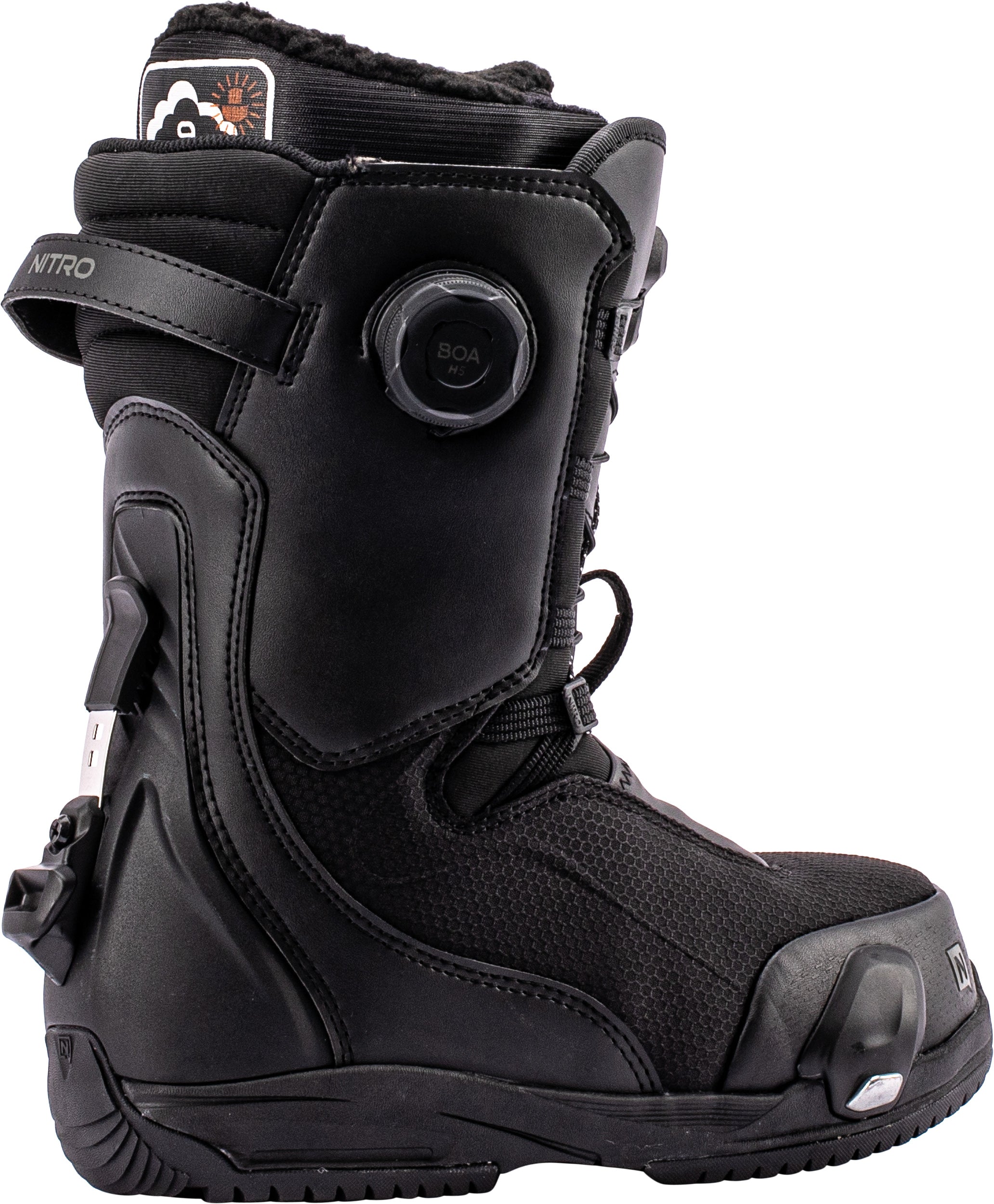 Black Nitro Fate Step On TLS women's snowboard boots, side view showing snug fit and durable construction for winter snowboarding.