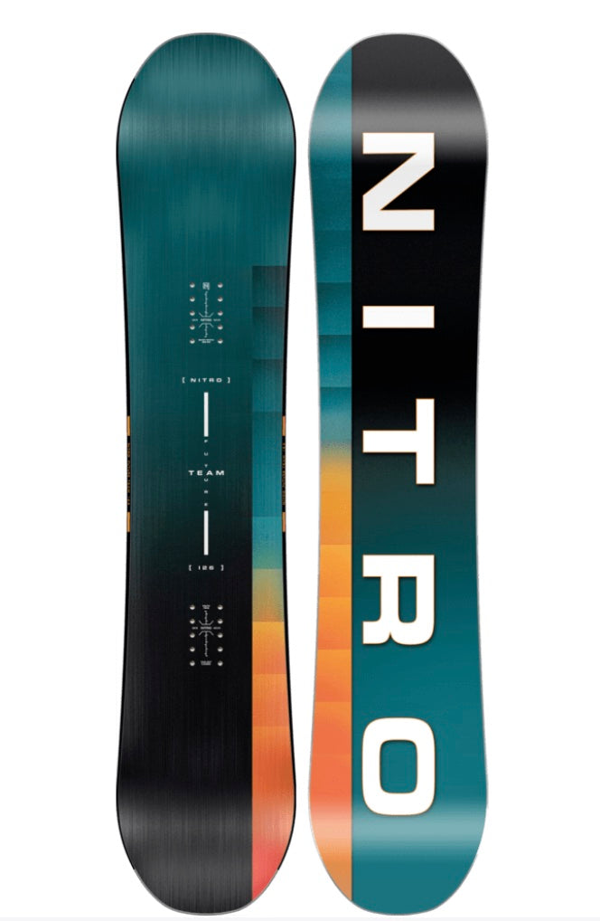 Nitro Future Team Small Kids Snowboard 2027, snow-themed snowboard with colorful graphics and Nitro branding.