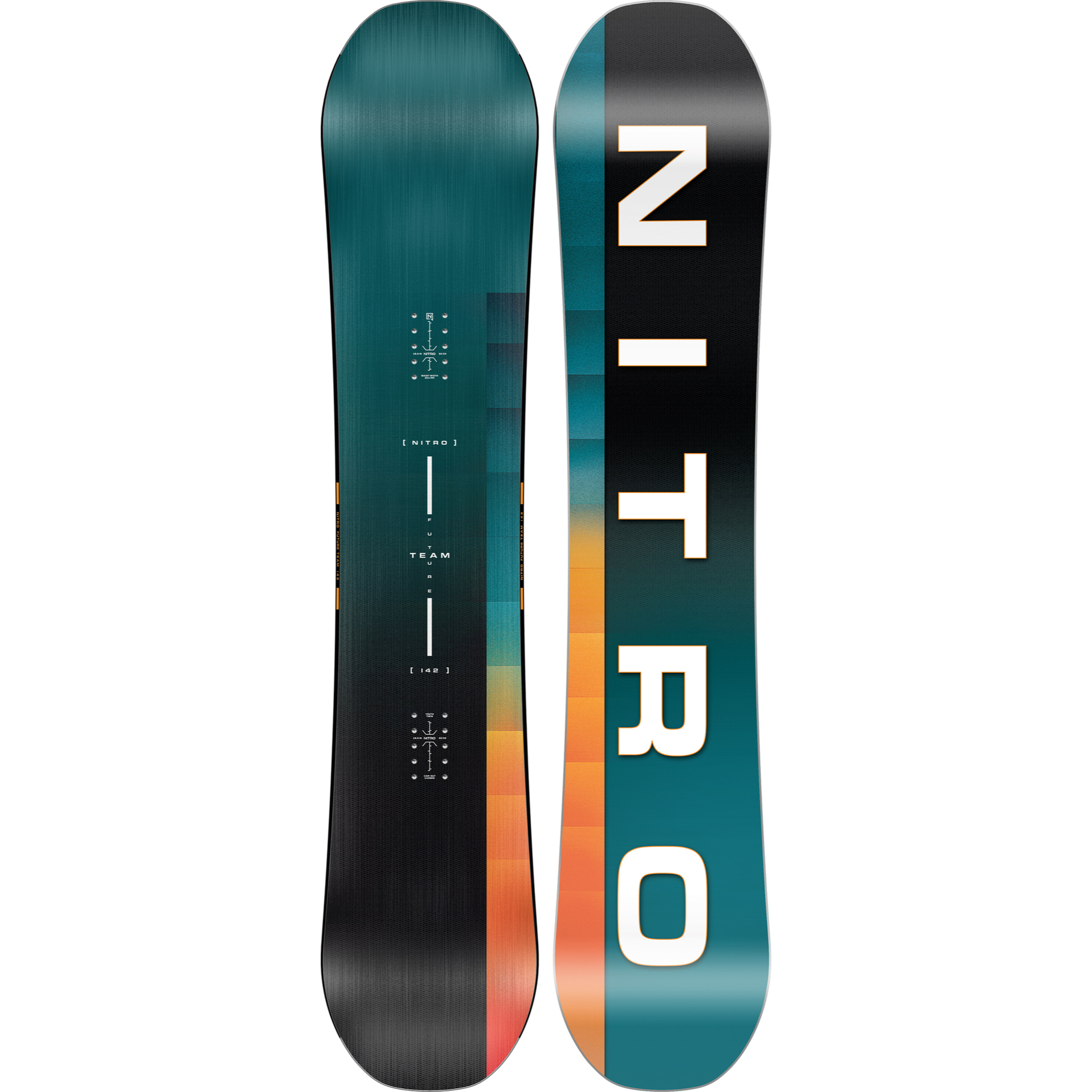 Nitro Future Team Kids snowboard in snow, featuring colorful graphics and a durable design for young riders.