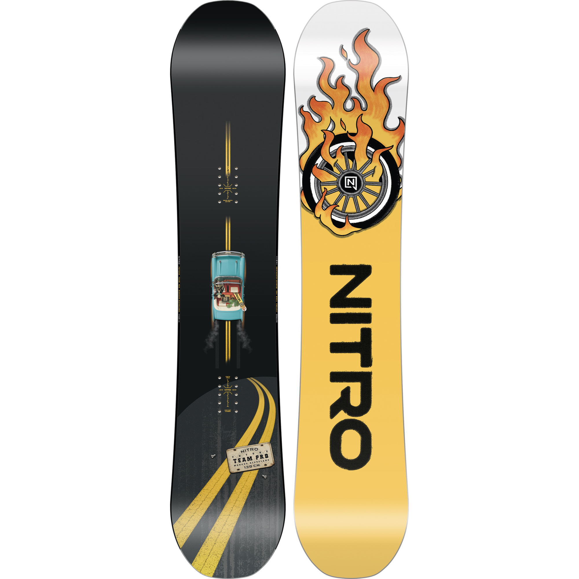 Nitro Future Team Pro Kleveland Kids snowboard showing colorful graphic design and snowboard shape on snow.