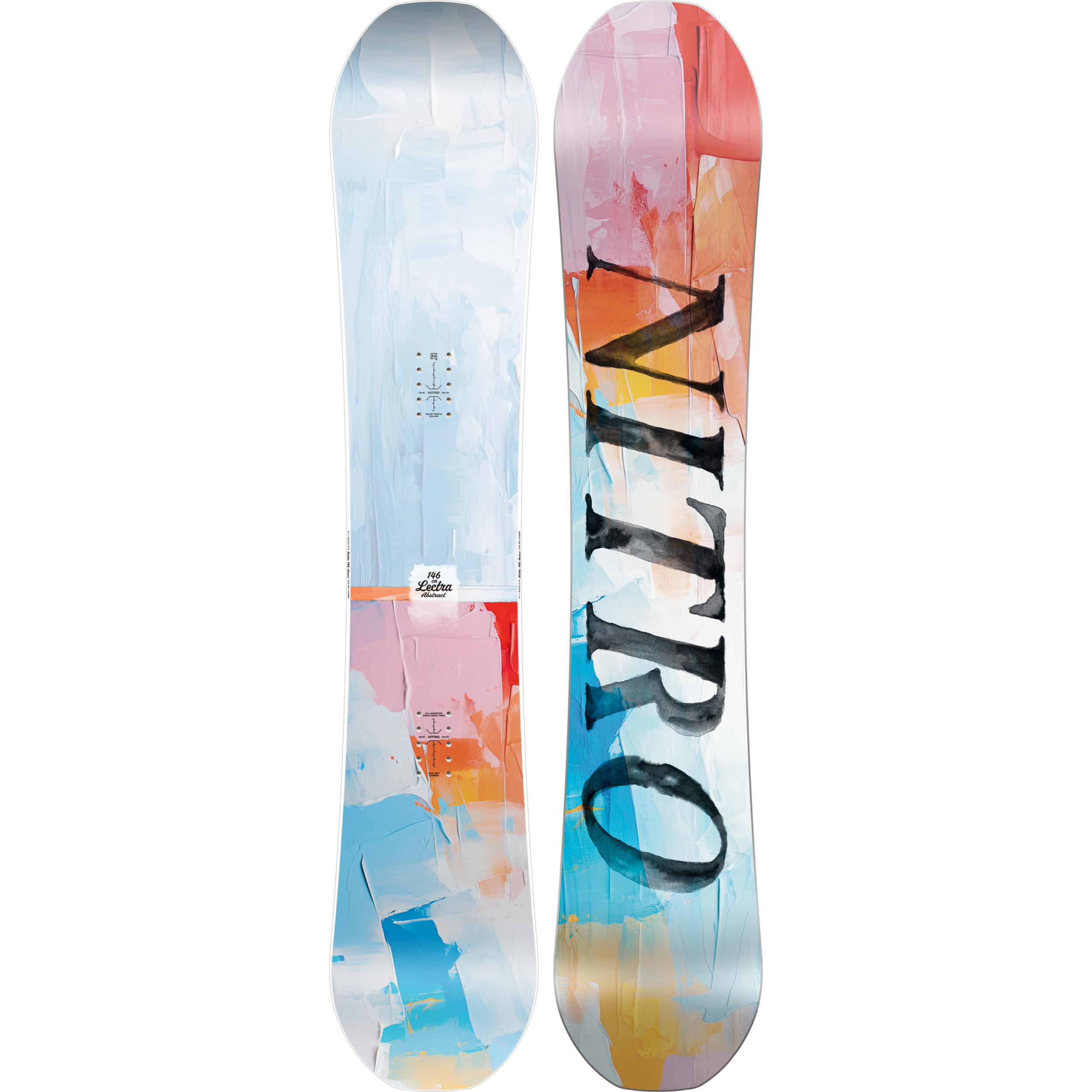 Nitro Lectra Abstract women's snowboard featuring a colorful, artistic design, ideal for all-mountain snowboarding.