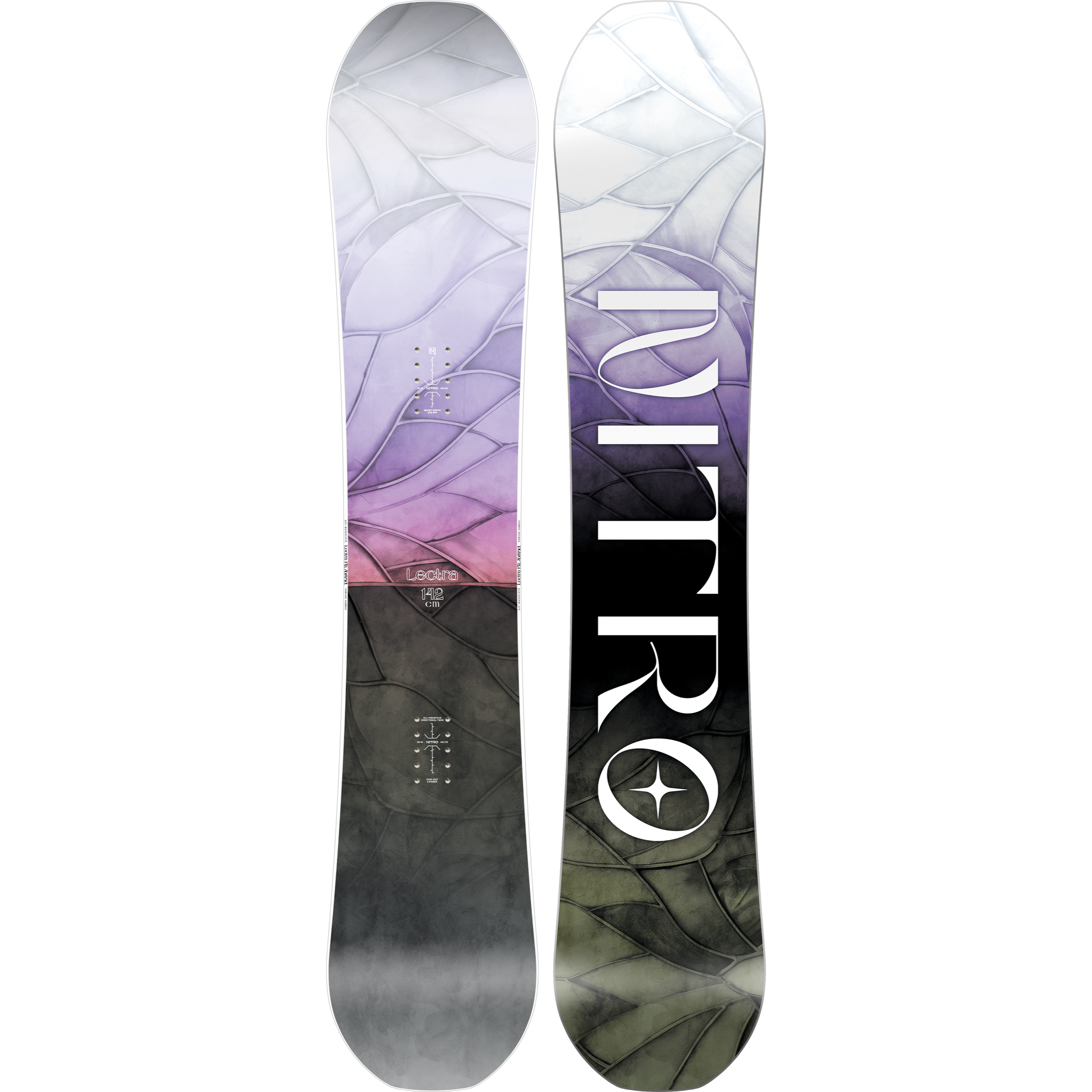 Nitro Lectra Leaf women's snowboard in snow, showing the colorful leaf design on the Nitro snowboard with bindings attached.