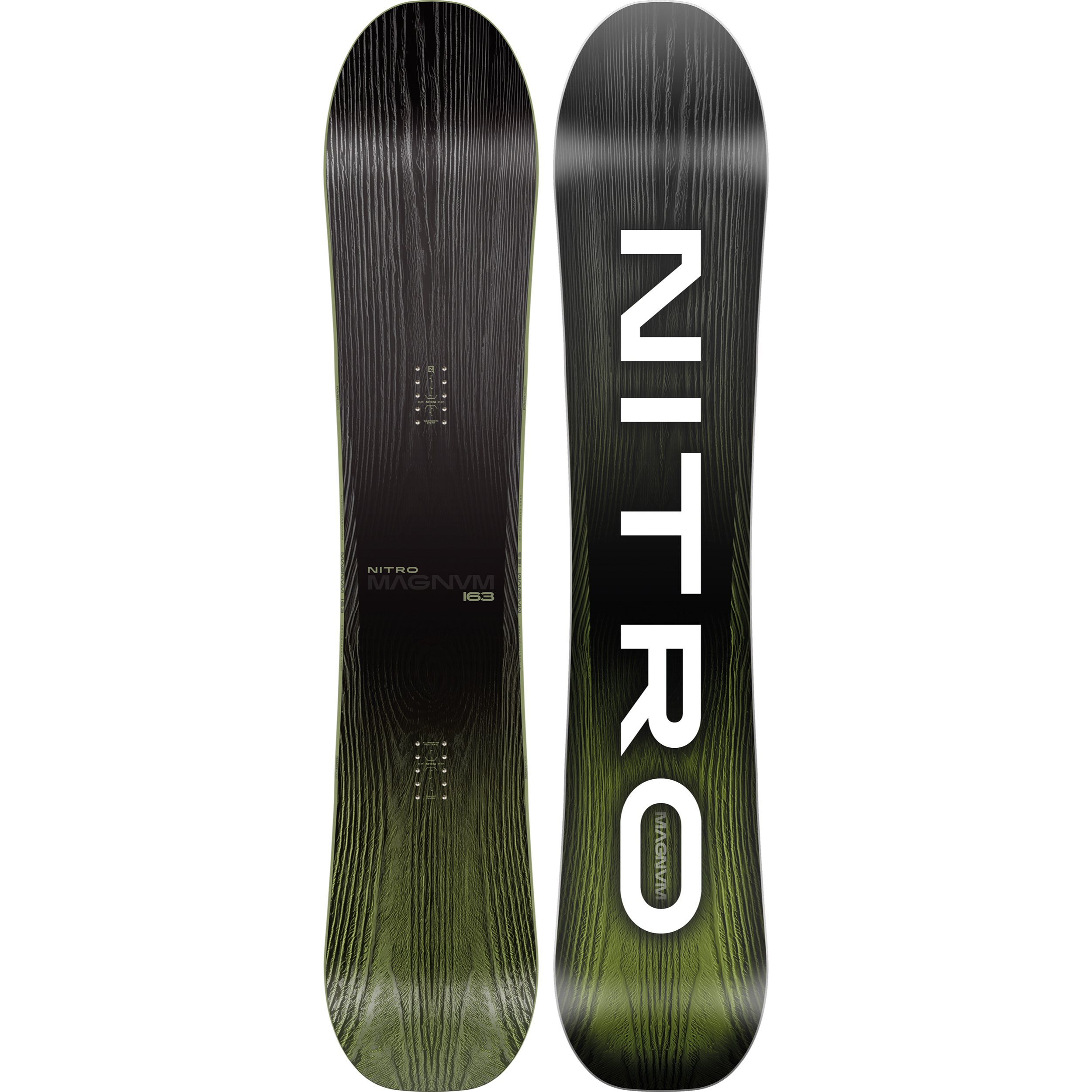 Nitro Magnum Snowboard 2027 in snow, showcasing its sleek design and durable construction for snowboarding enthusiasts.