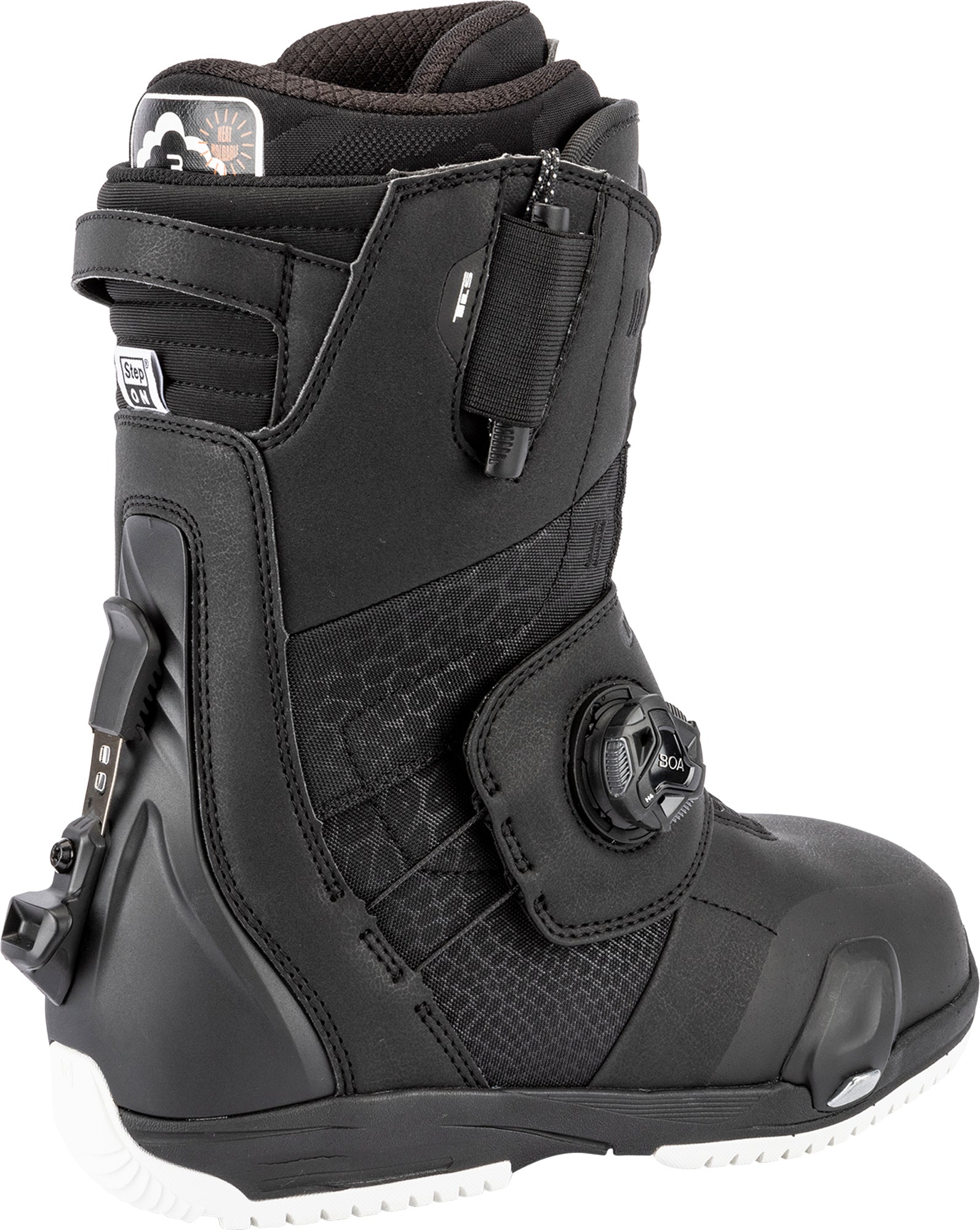 Black Nitro Monarch TLS women's snowboard boot from the 2027 collection, side view showing step-on design and sturdy construction.