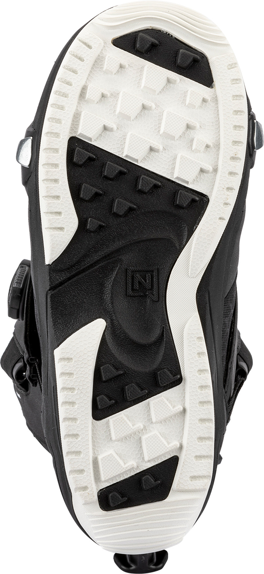 Black Nitro Monarch TLS women's snowboard boots with step-on design and rugged sole for winter snowboarding.