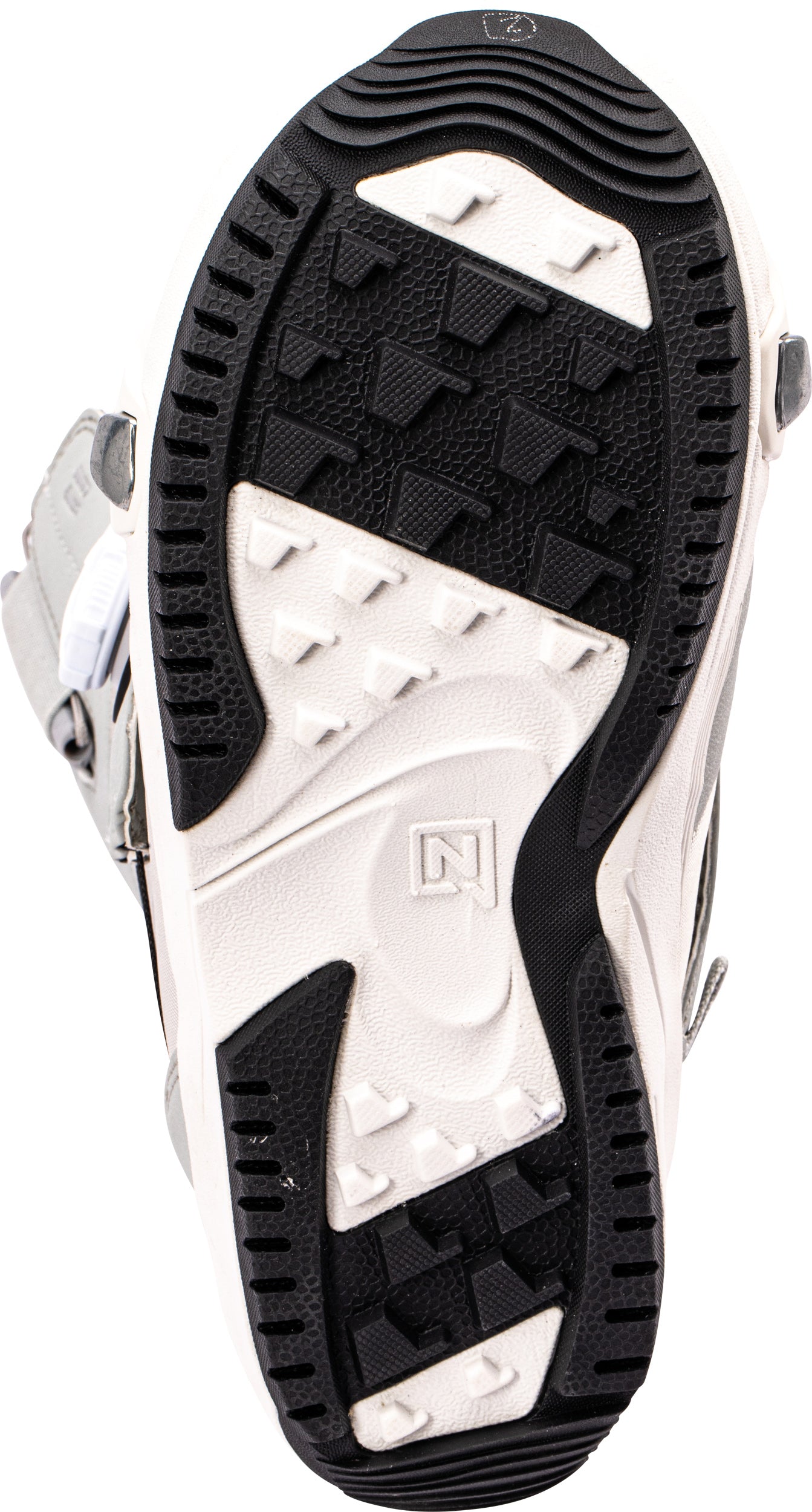 Nitro Monarch TLS women's snowboard boots in grey, featuring step-on design and durable sole for winter snowboarding.