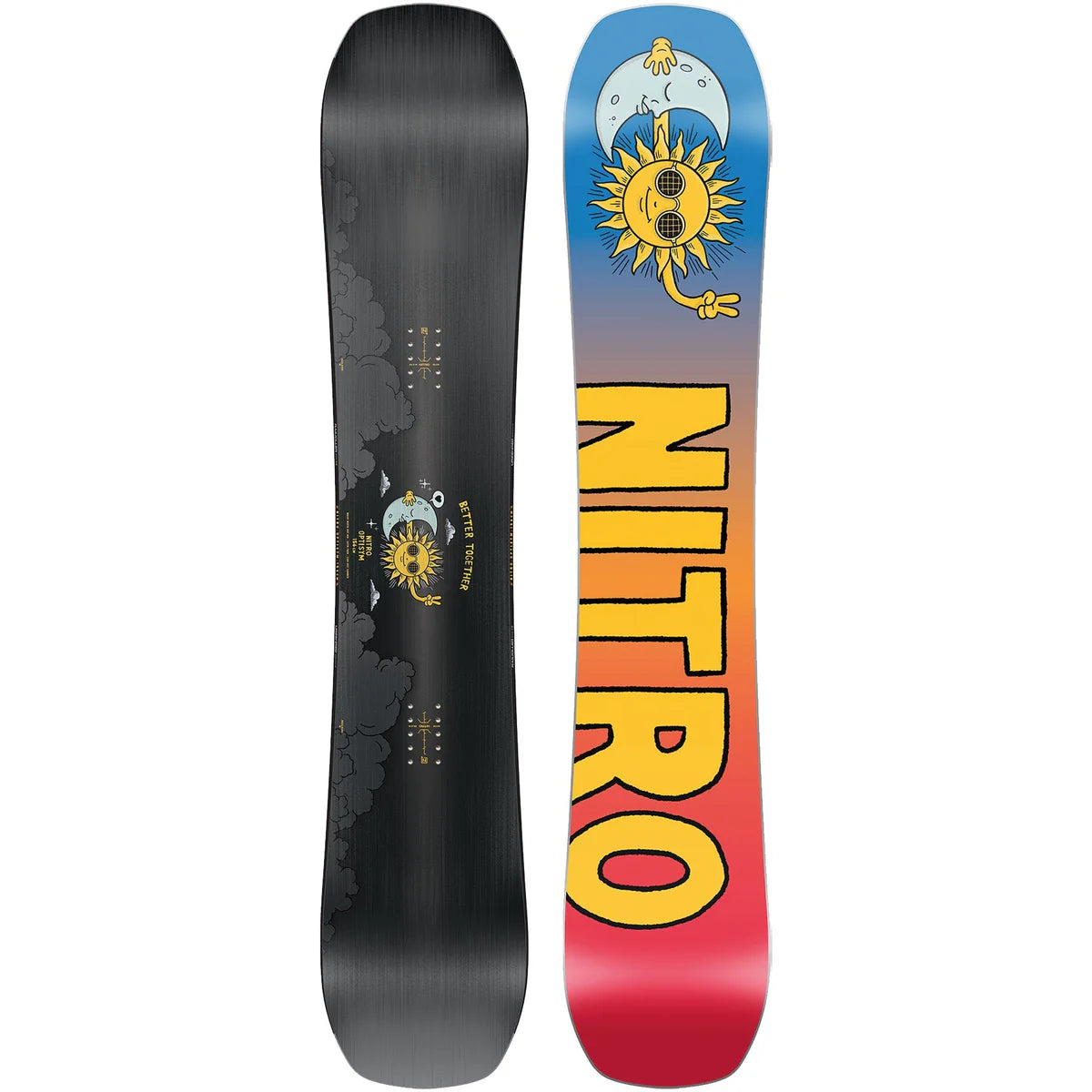 Nitro Optisym Snowboard 2027 designed for snowboarding, featuring a sleek black and white graphic, displayed on a plain background.