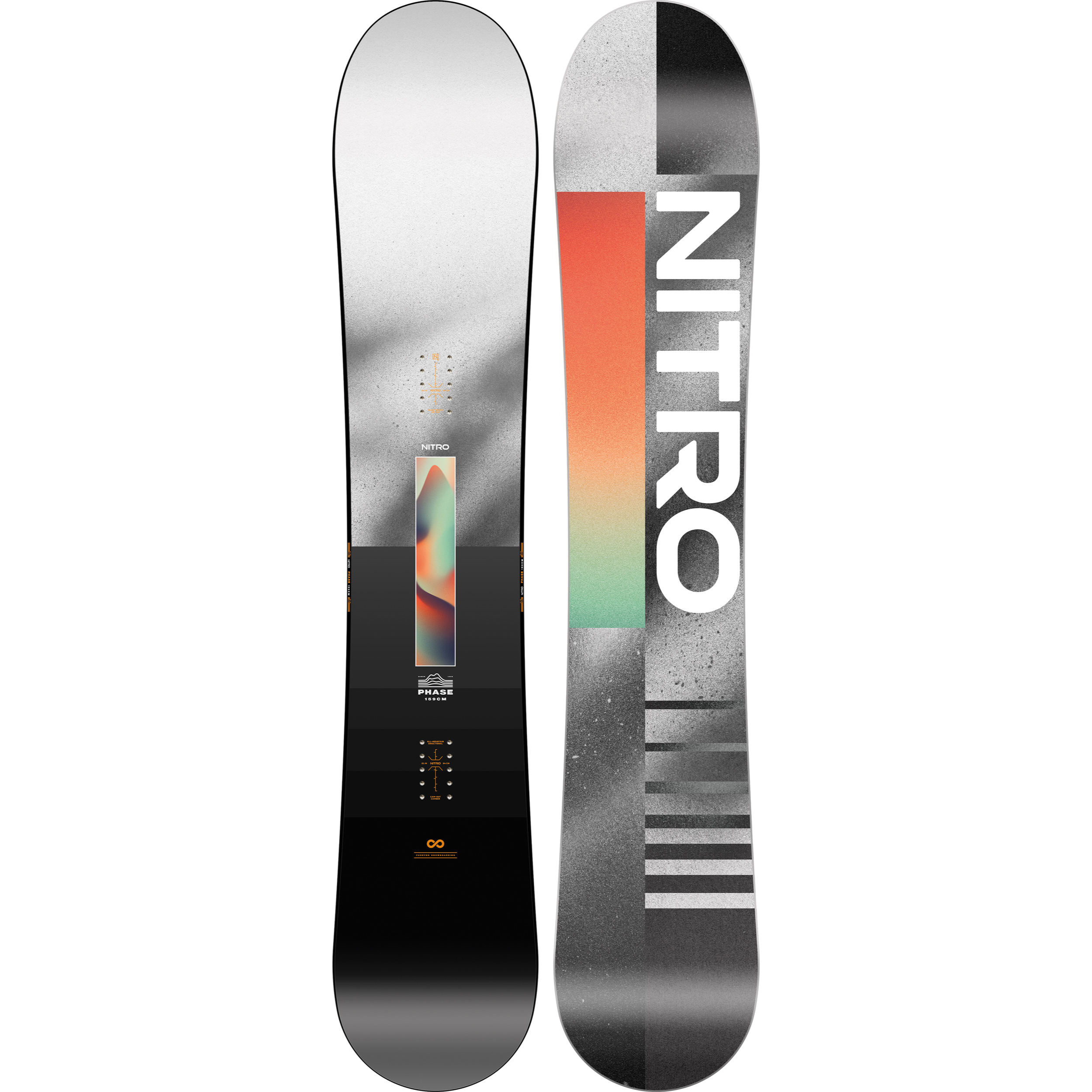Nitro Phase snowboard for snowboarding in 2027, featuring a sleek design and Nitro branding, suitable for all skill levels.