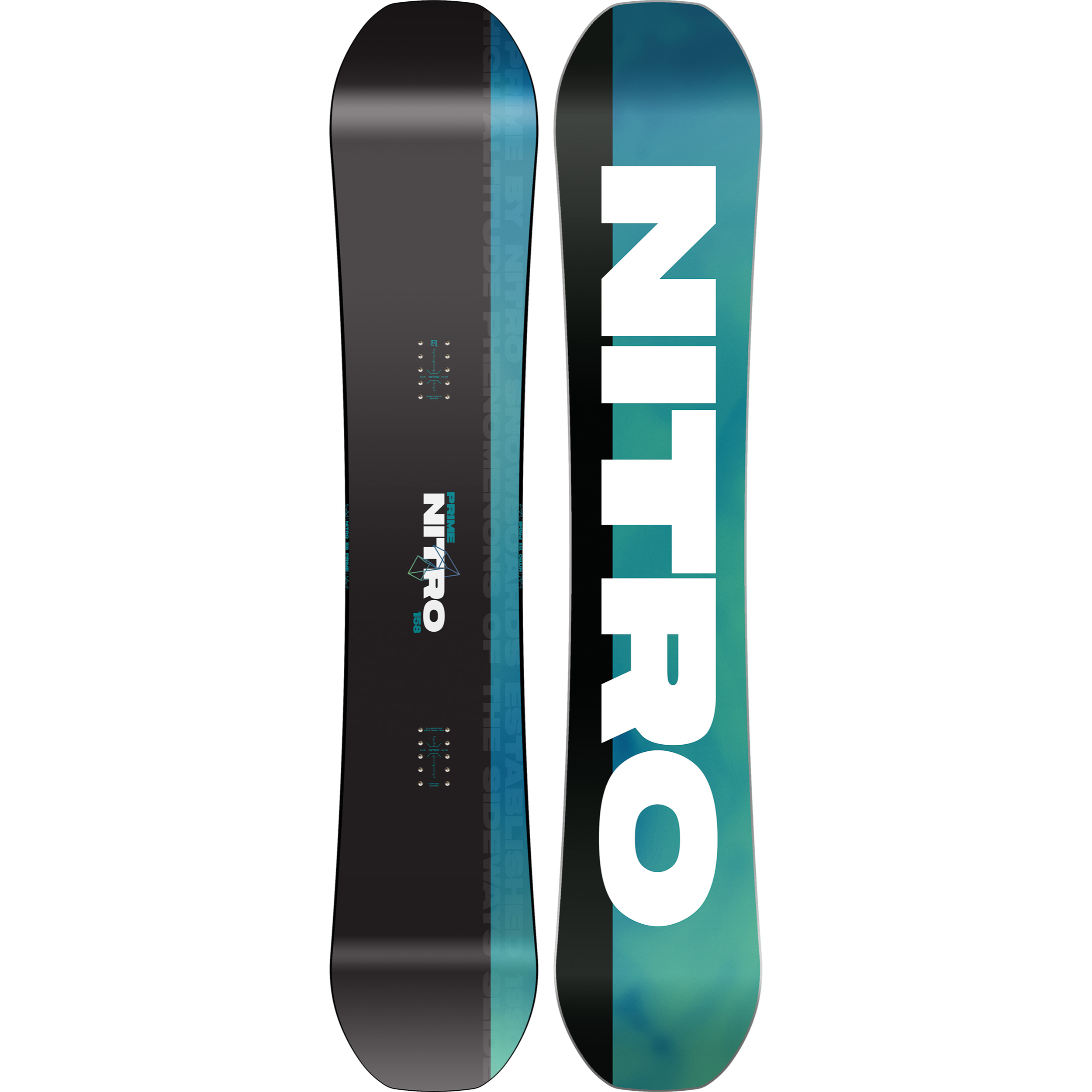 Nitro Prime Chroma Snowboard 2027 on snow, showcasing its colorful design and sleek shape for winter snowboarding.