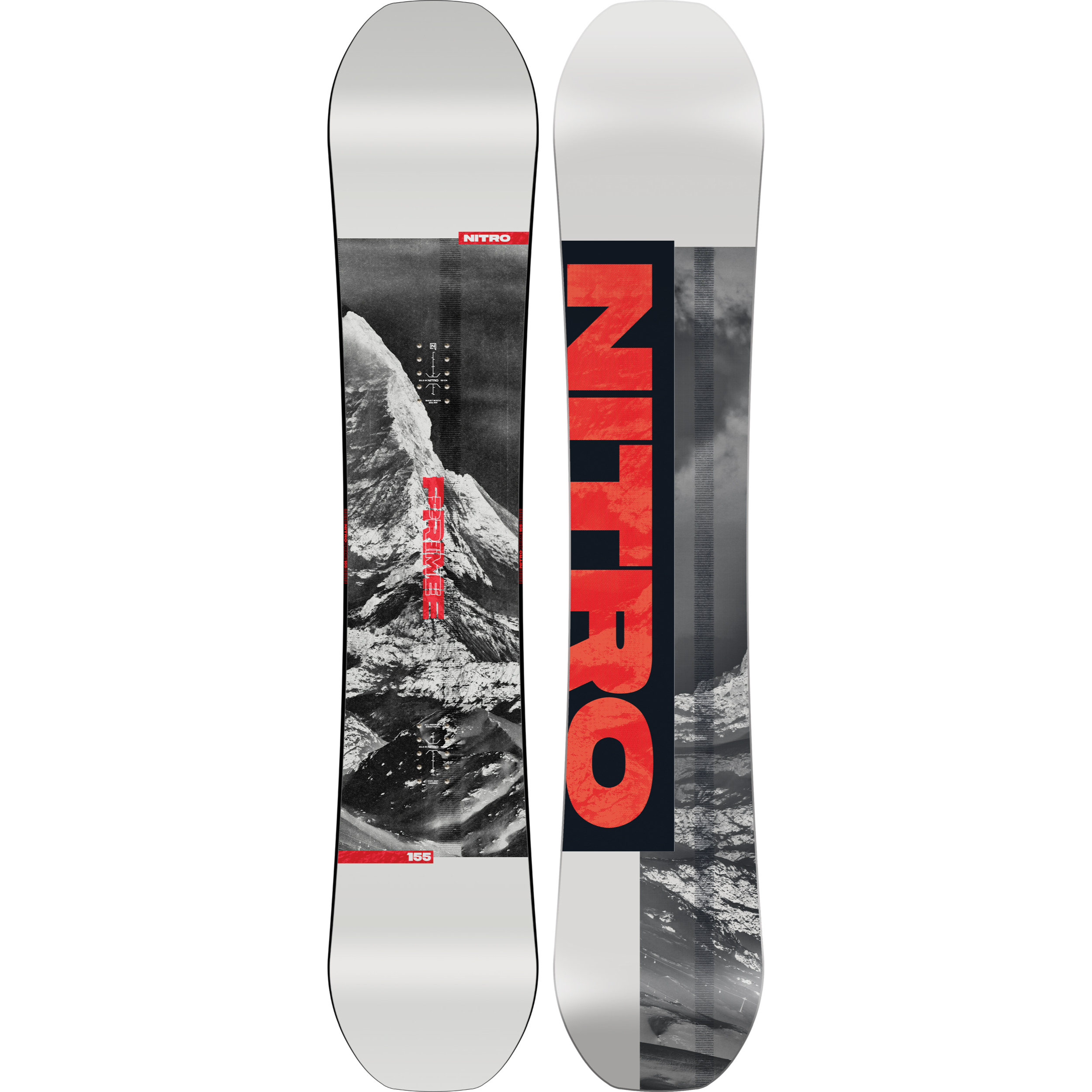 Nitro Prime Raw Snowboard 2027 in snow, showcasing its sleek design and construction for winter snowboarding performance.