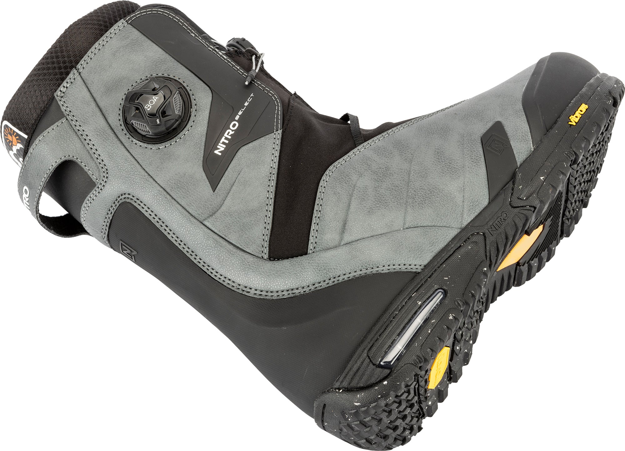 Flat lay of Nitro Select Boa Snowboard Boots 2027, featuring black and white design with adjustable lacing system for snowboarding.