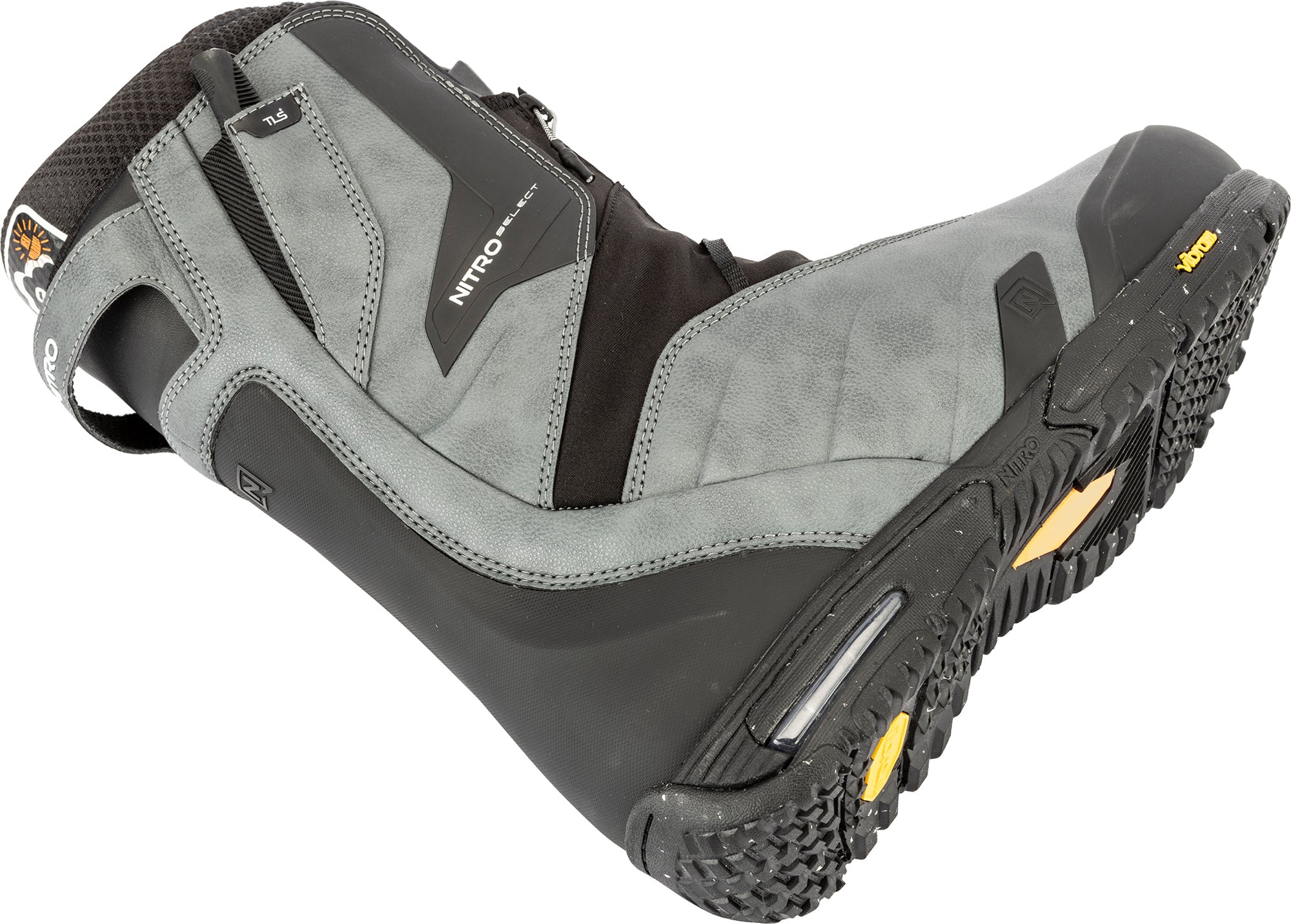 Nitro Select TLS+ snowboard boots for 2027, flat lay view showing black and gray design with lacing system and branding.
