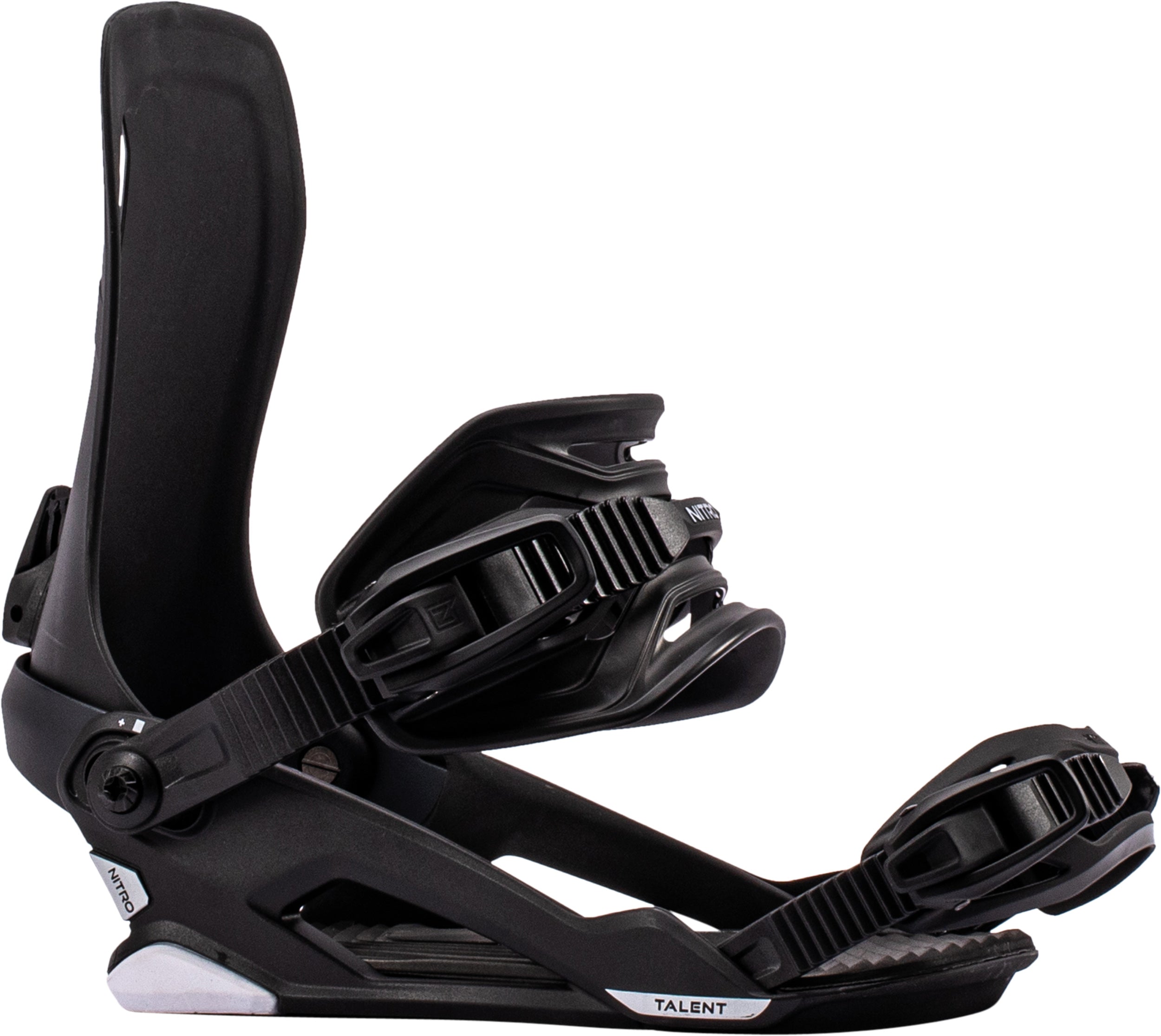 Black Nitro Talent snowboard bindings for 2027, shown from the side, designed for secure snowboarding performance.