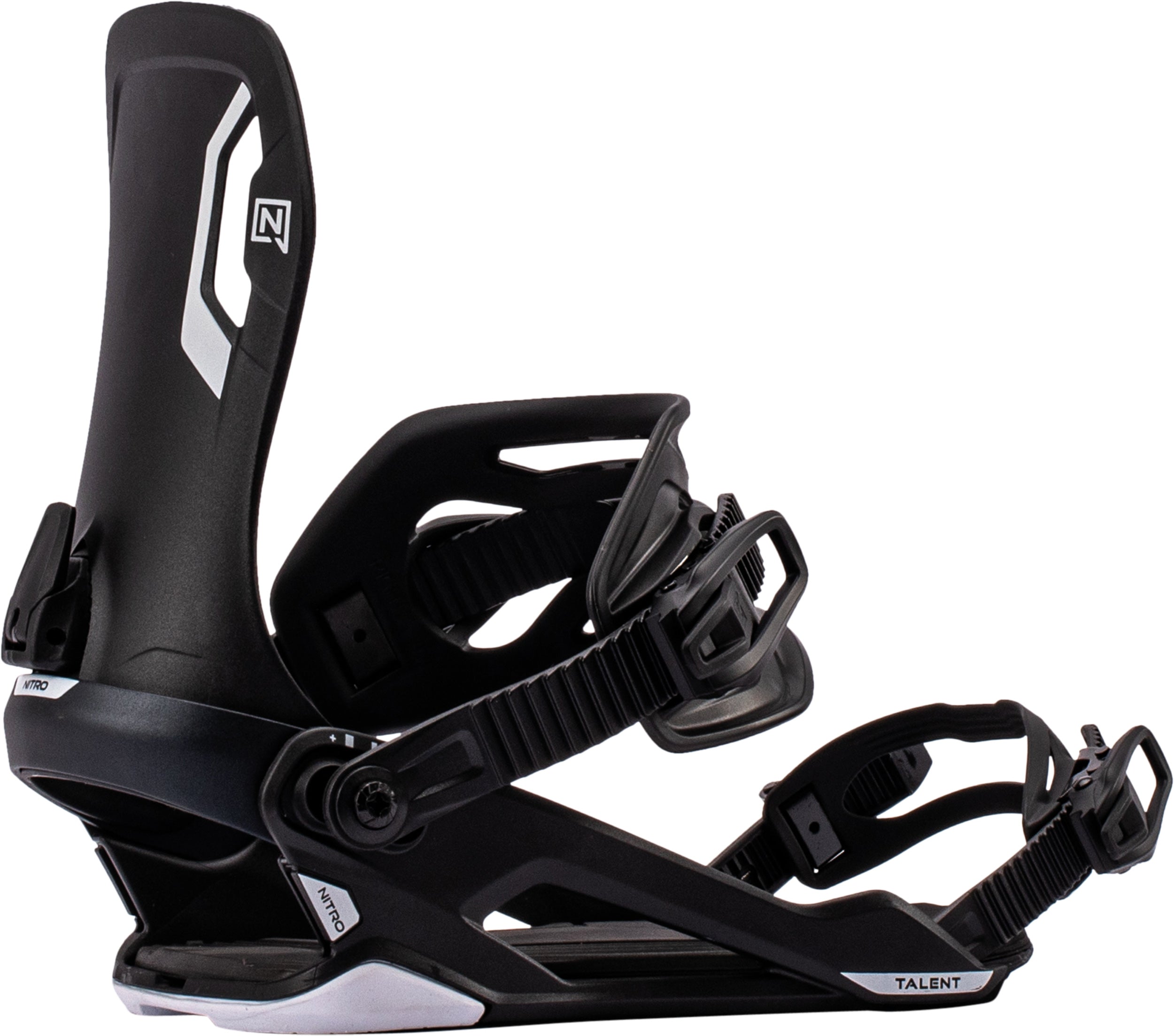 Black Nitro Talent snowboard bindings from 2027 with adjustable straps and high-performance design for snowboarding.
