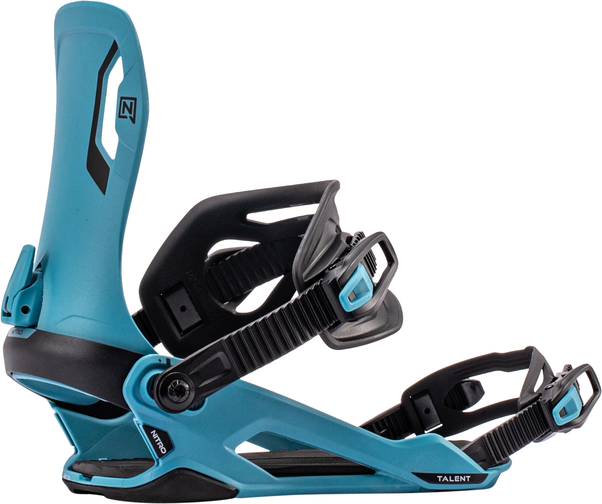 Teal Nitro Talent snowboard bindings for snowboarding, featuring adjustable straps and durable construction.