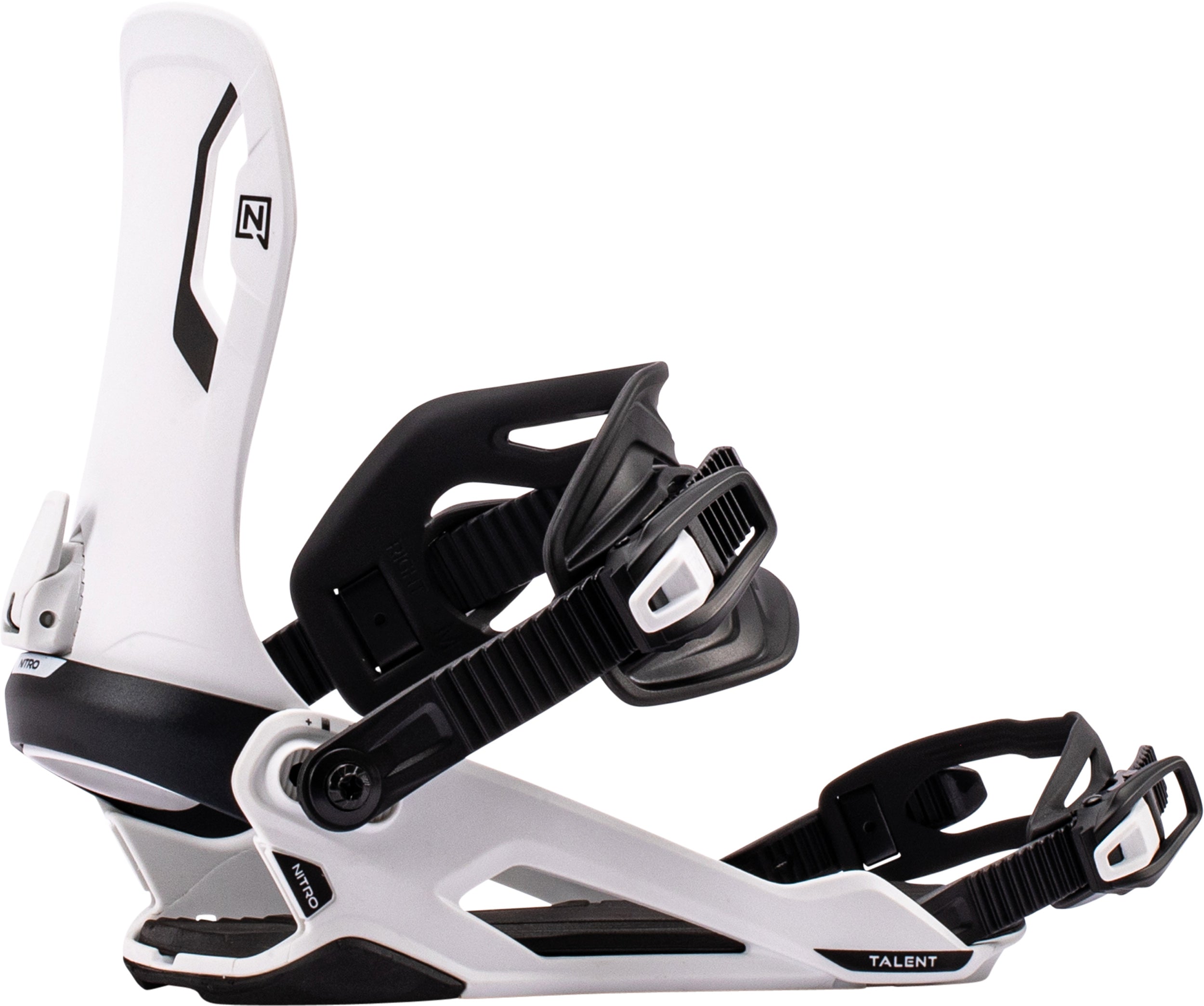 White Nitro Talent snowboard bindings for 2027, featuring adjustable straps and high-performance design for snowboarding.