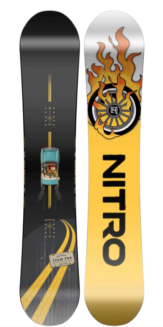 Nitro Team Pro Marcus Kleveland snowboard 2027, featuring bold graphic design, mounted bindings, on a snowy landscape.