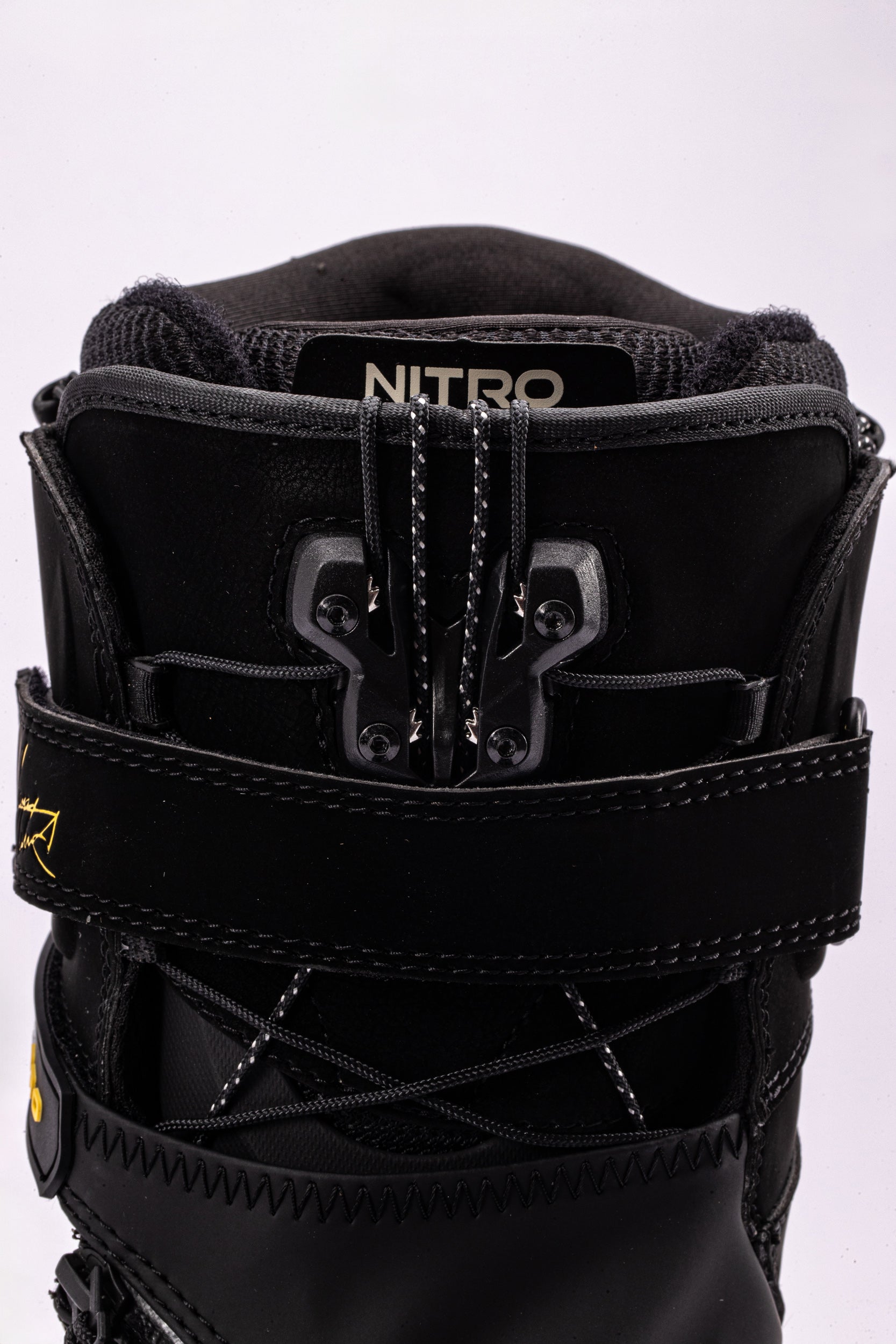 Nitro Team Pro Kleveland TLS Snowboard Boots 2027 with laces, front view, showing black design and sturdy construction for snowboarding.