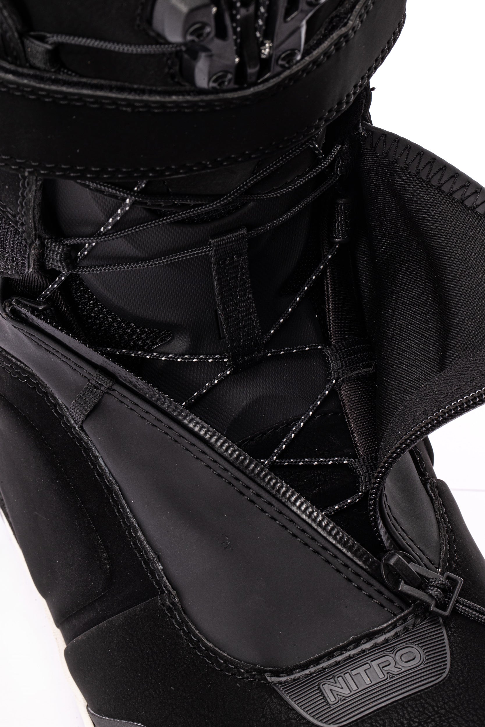 Nitro Team Pro Kleveland TLS Snowboard Boots 2027, unzipped, showcasing black and white snowboarding boots with supportive design.