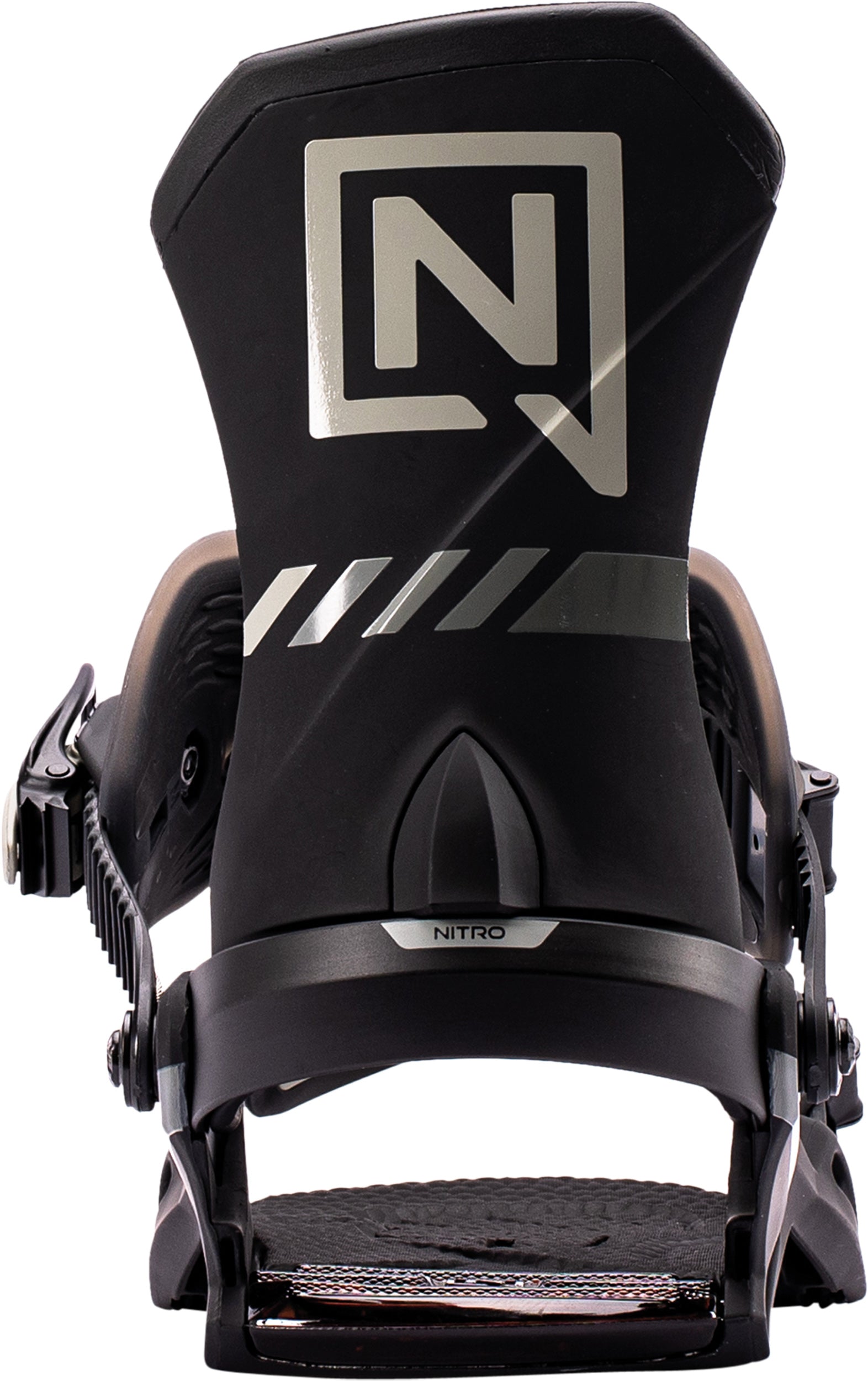 Black Nitro Team Pro snowboard bindings with highback and adjustable straps, designed for professional snowboarding performance.