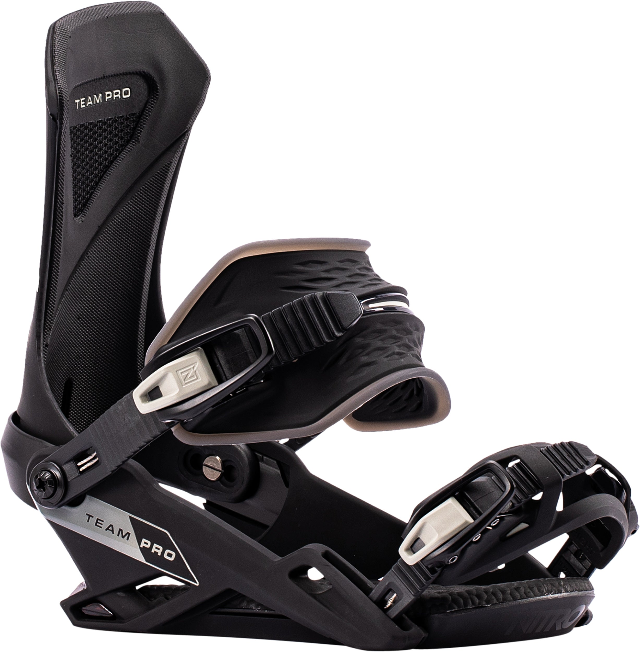 Black Nitro Team Pro snowboard bindings for 2027, shown from the side with adjustable straps and high-performance design.
