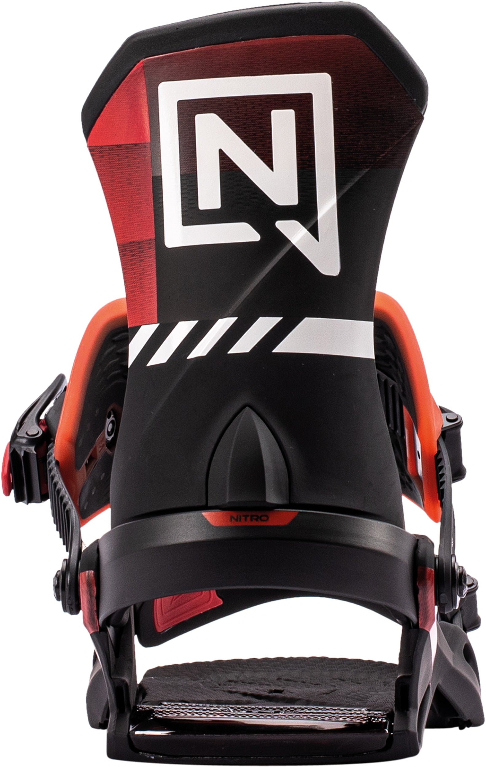 Black and red Nitro Team Pro snowboard bindings with highback support, designed for performance in snowy conditions.