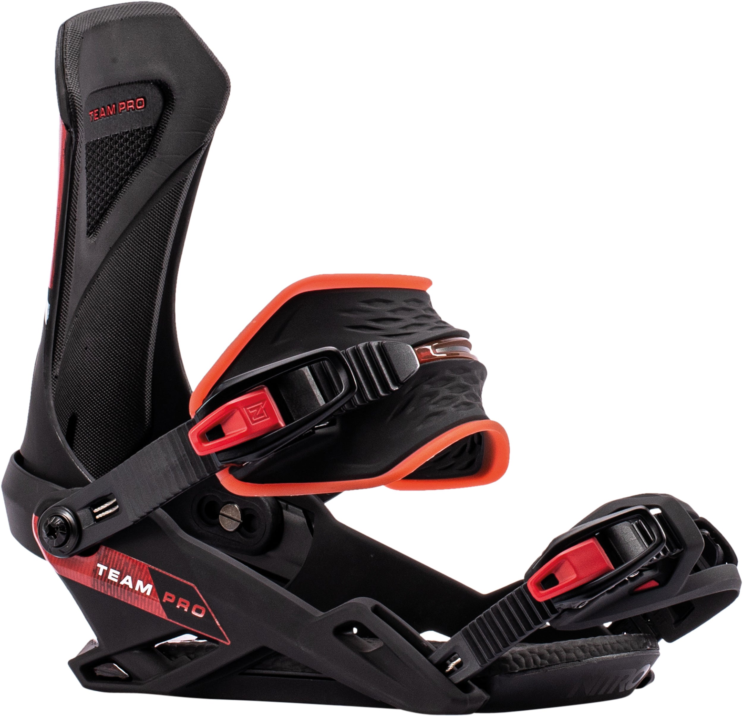 Black and red Nitro Team Pro snowboard bindings for 2027, shown from the side with adjustable straps and high-performance design.