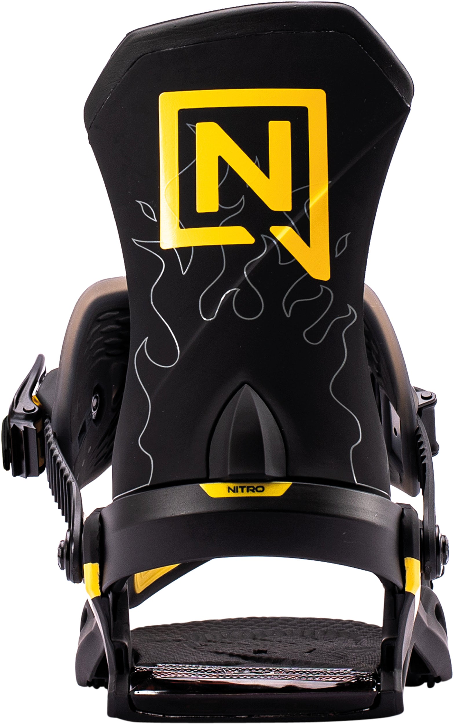 Nitro Team Pro snowboard bindings mounted on a snowboard, featuring highback and strap details for professional snowboarding performance.