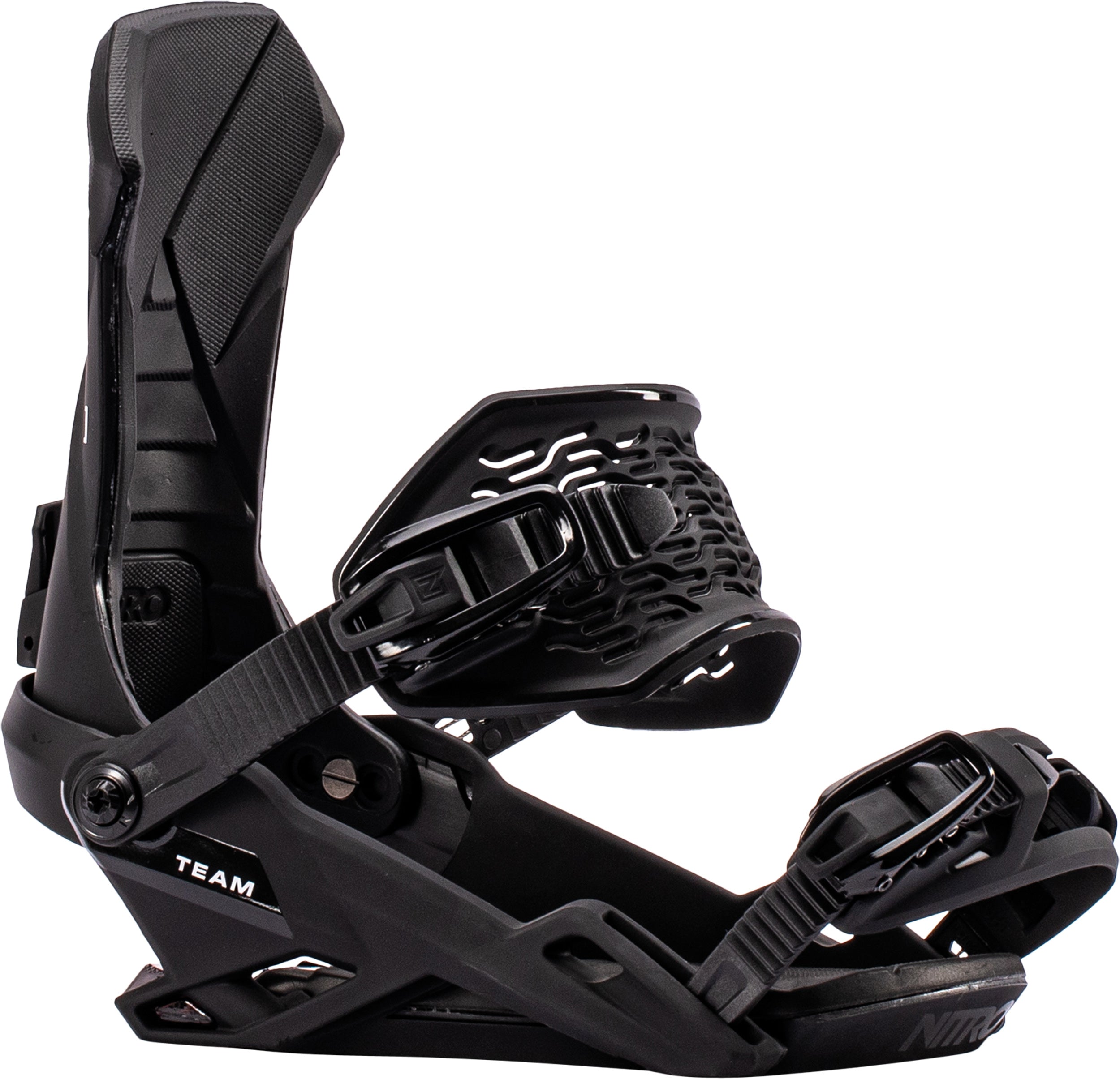 Black Nitro Team snowboard bindings for 2027, shown from the side with adjustable straps and high-back support.