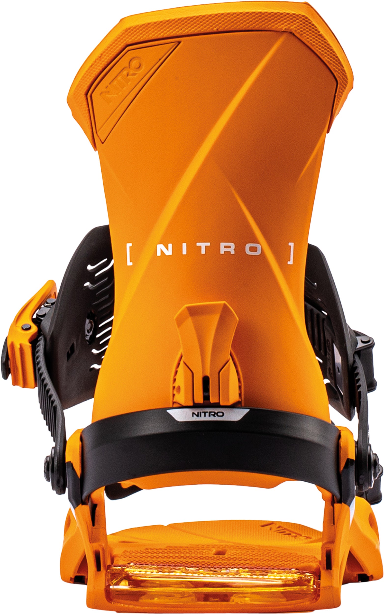 Orange Nitro Team snowboard bindings with highback and strap design, suitable for snowboarding in 2027.
