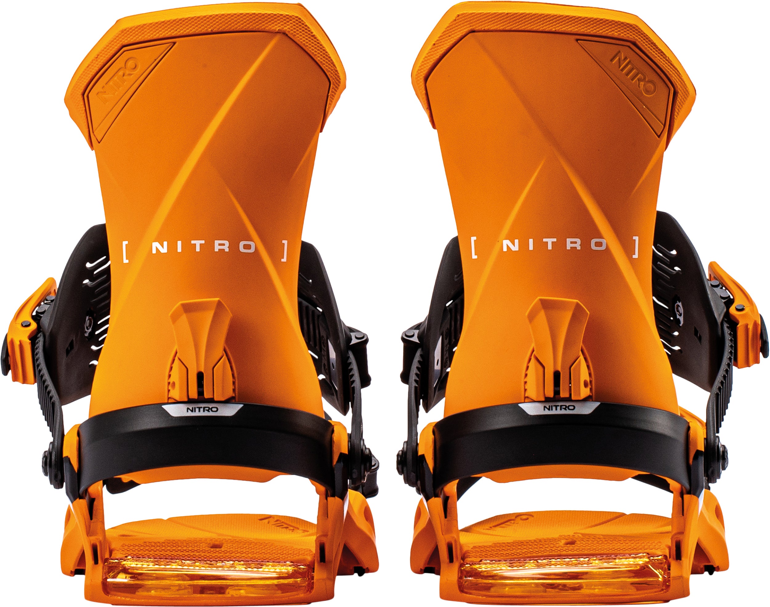 Orange Nitro Team snowboard bindings with highbacks, designed for performance and durability in snowy conditions.